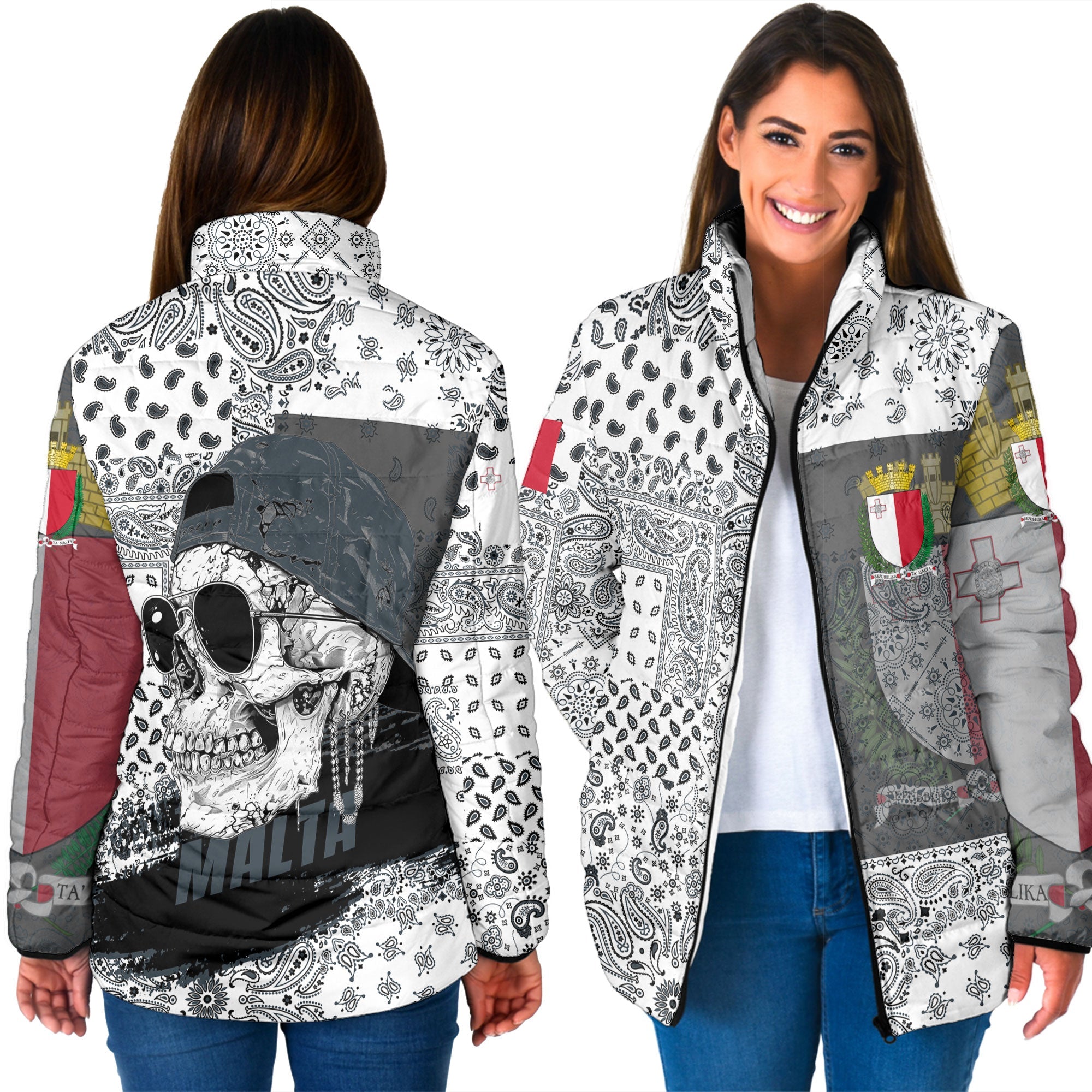 Malta Women Padded Jacket Paisley Flag And Skull Style 3