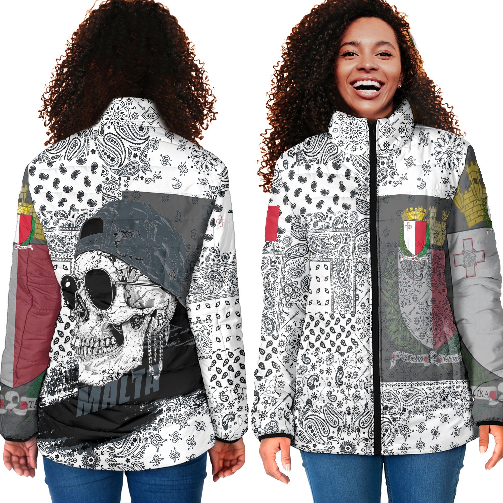 Malta Women Padded Jacket Paisley Flag And Skull Style 4