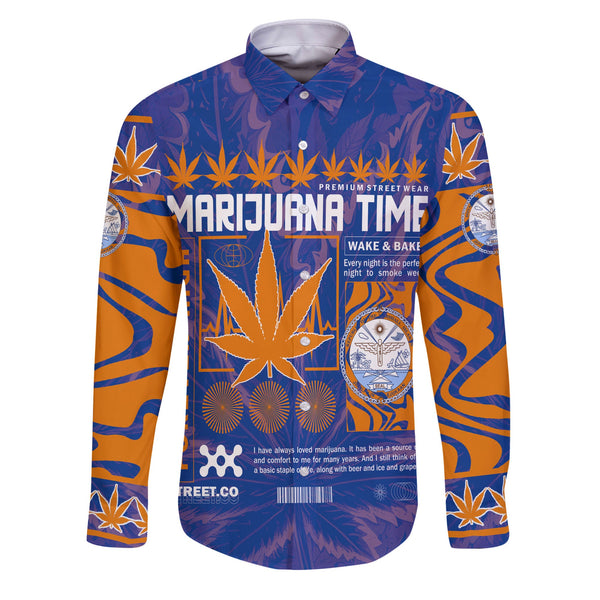 Marshall Islands Long Sleeve Button Shirt Flag & Coat Of Arms Marijuanas Style