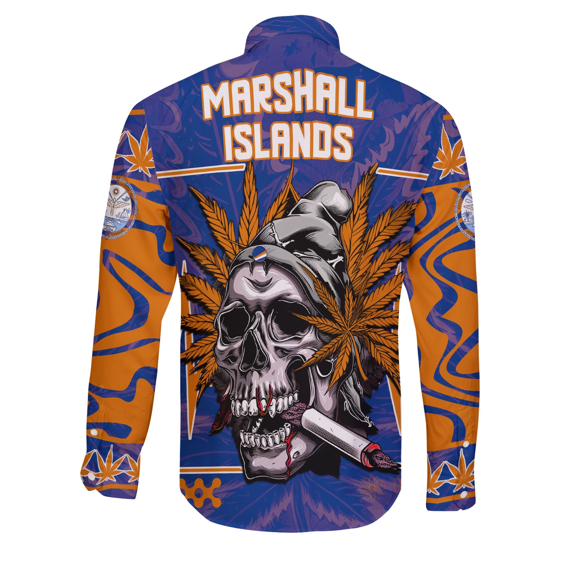 Marshall Islands Long Sleeve Button Shirt Flag & Coat Of Arms Marijuanas Style