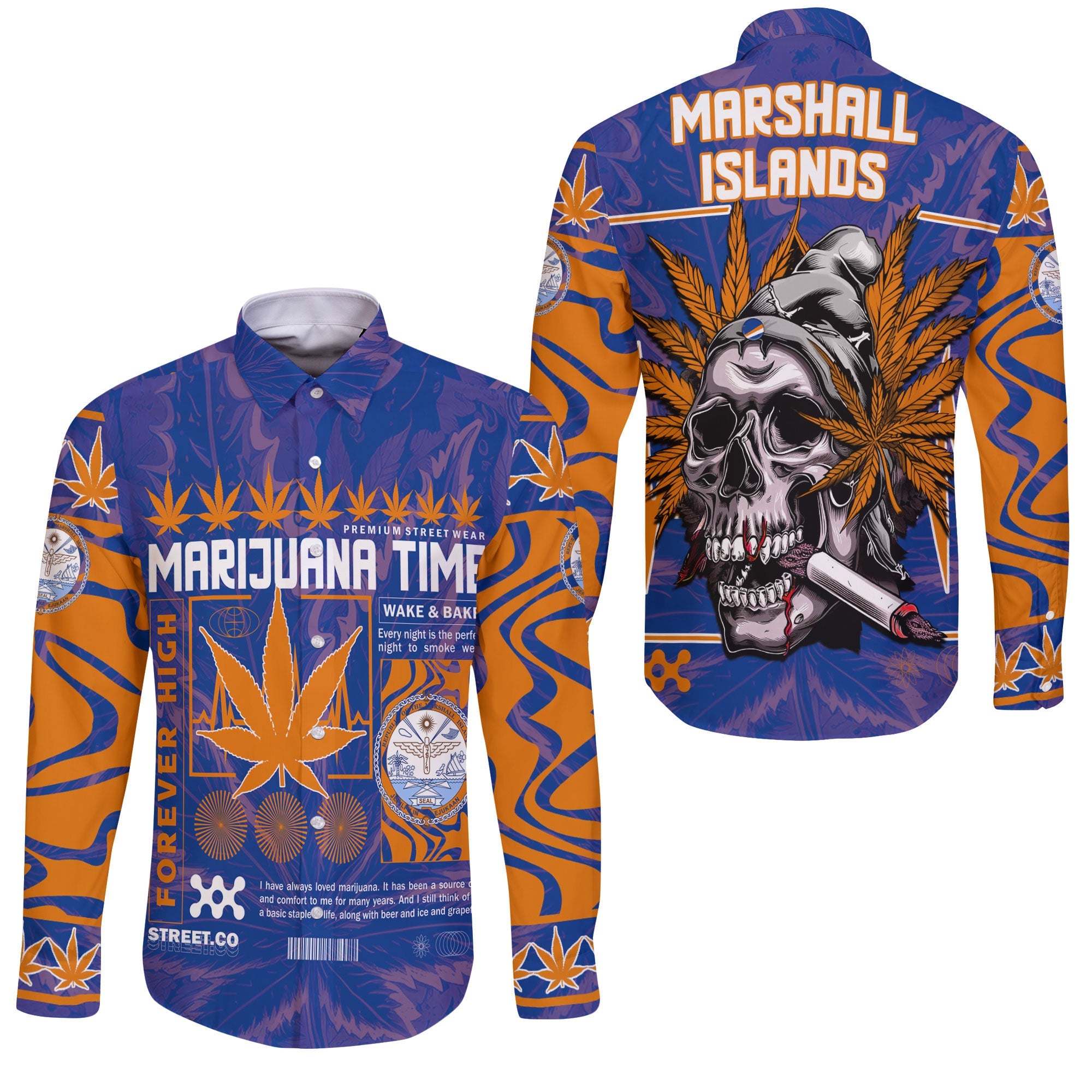 Marshall Islands Long Sleeve Button Shirt Flag & Coat Of Arms Marijuanas Style