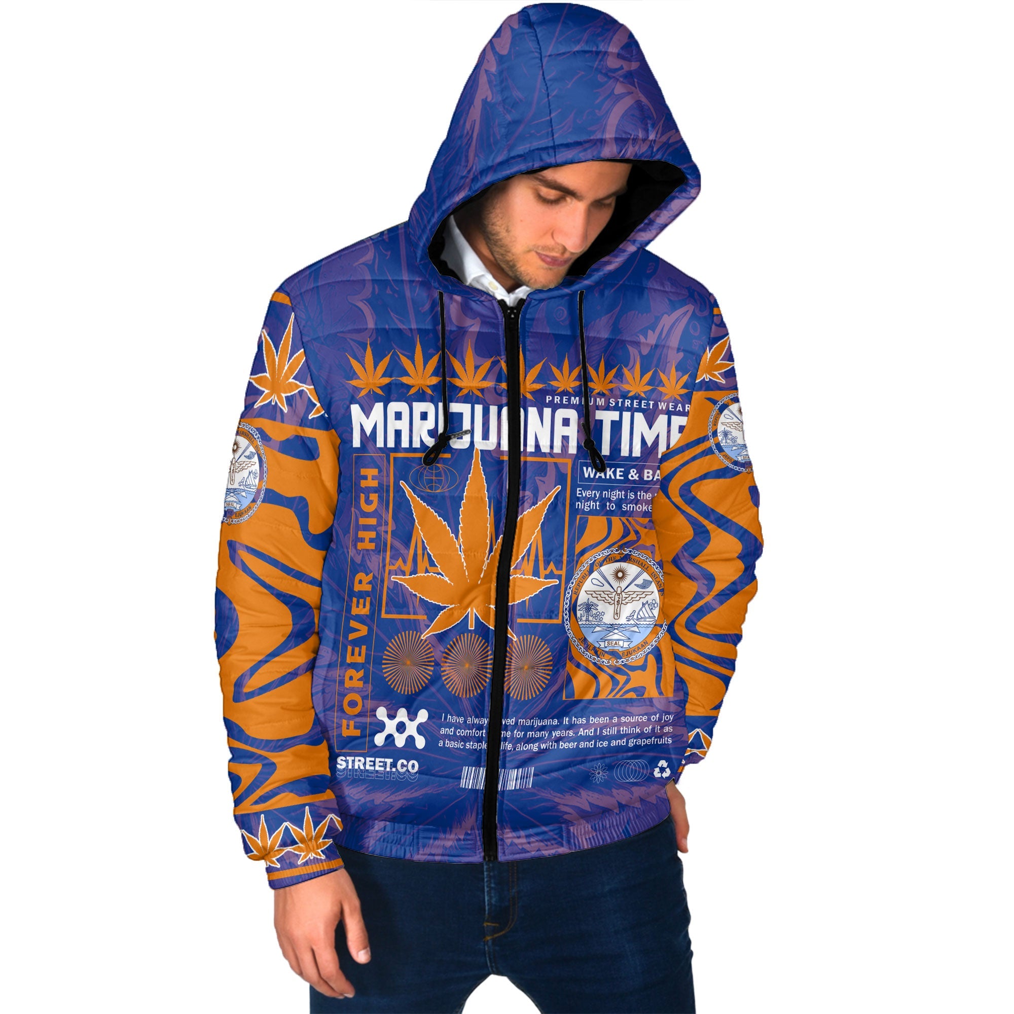 Marshall Islands Men Hooded Padded Jacket Flag & Coat Of Arms Marijuanas Style