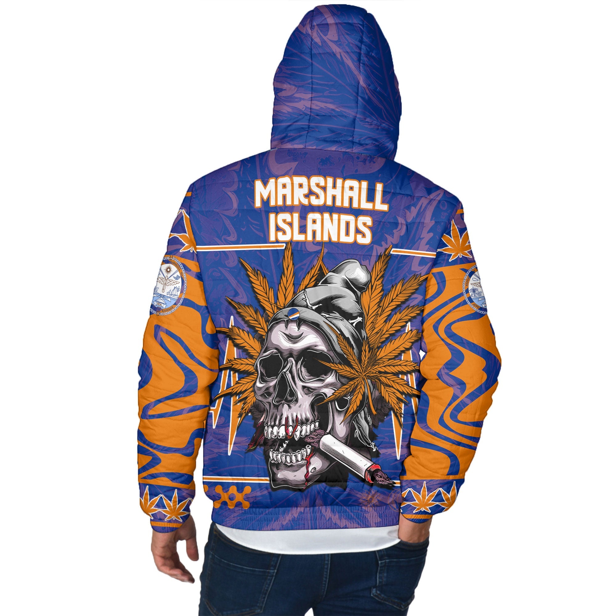 Marshall Islands Men Hooded Padded Jacket Flag & Coat Of Arms Marijuanas Style