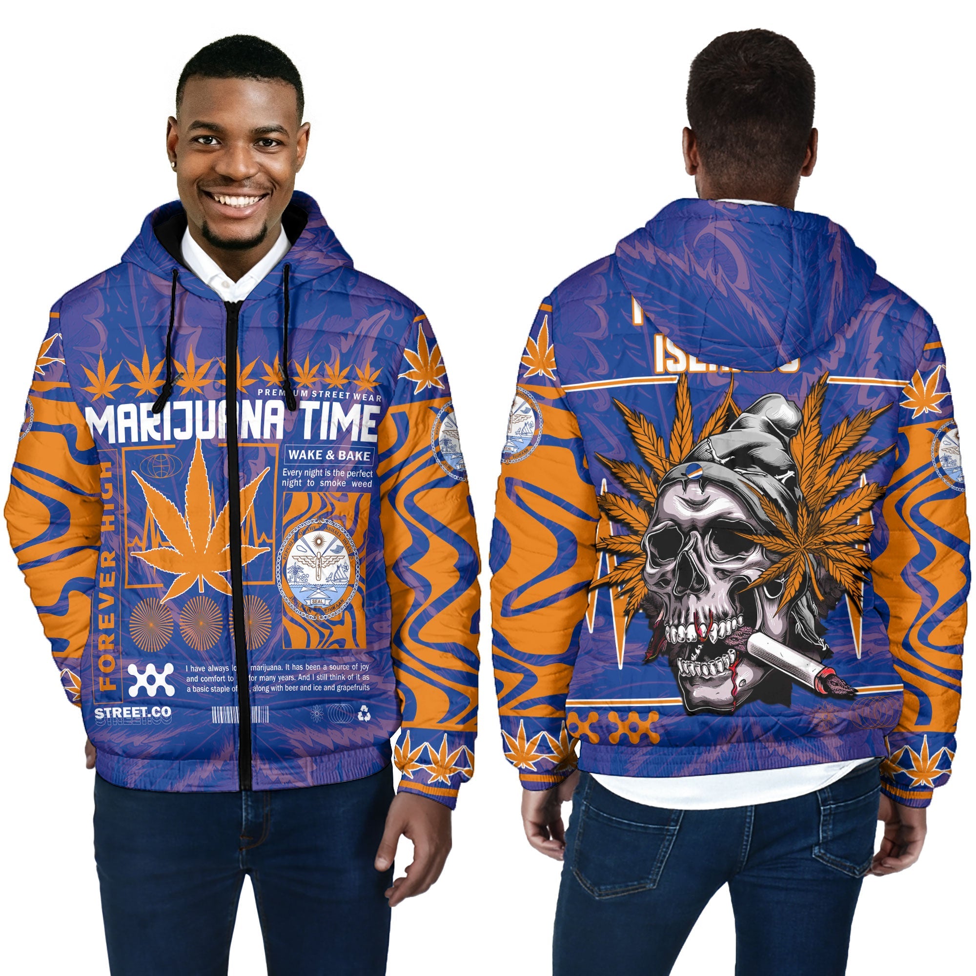 Marshall Islands Men Hooded Padded Jacket Flag & Coat Of Arms Marijuanas Style