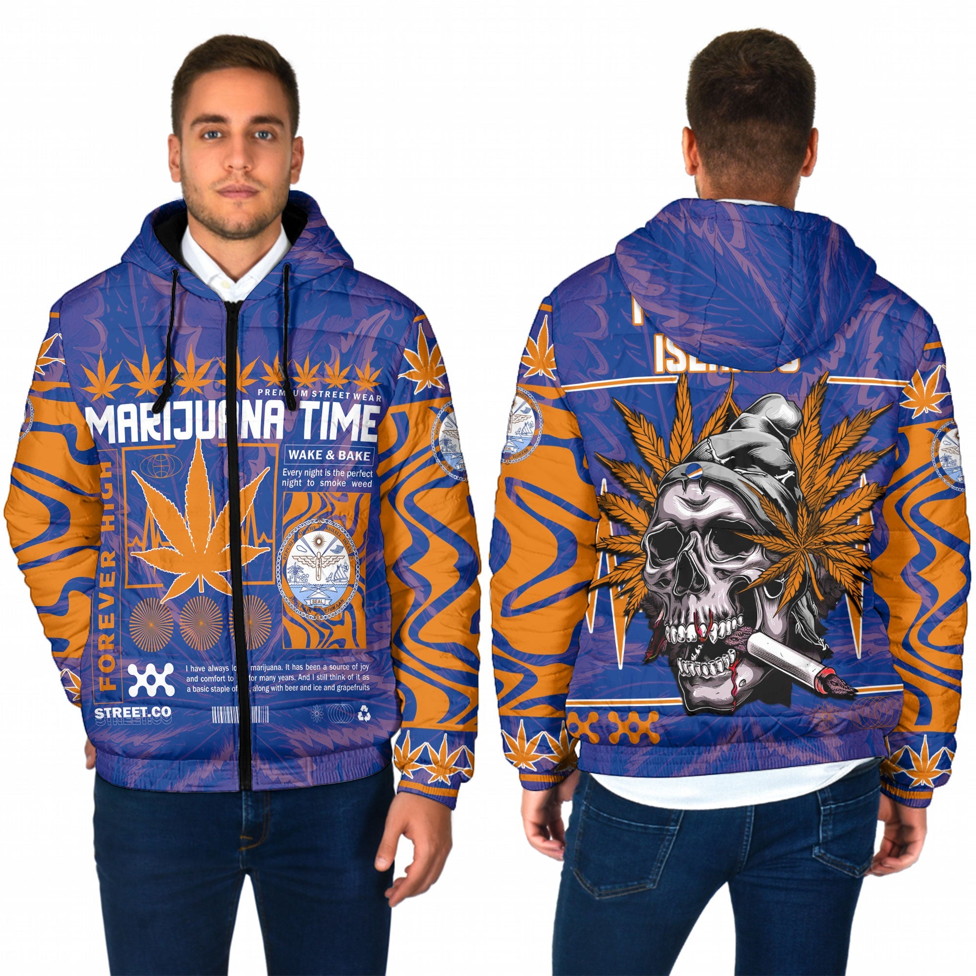 Marshall Islands Men Hooded Padded Jacket Flag & Coat Of Arms Marijuanas Style