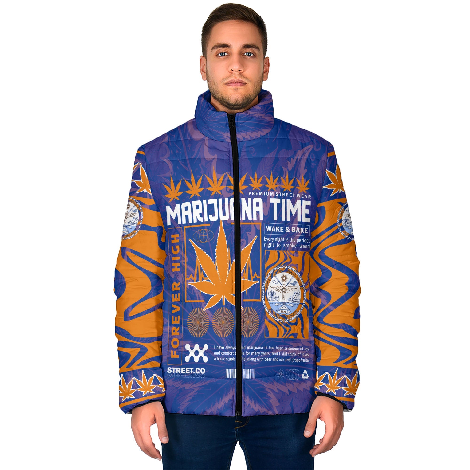 Marshall Islands Men Padded Jacket Flag & Coat Of Arms Marijuanas Style