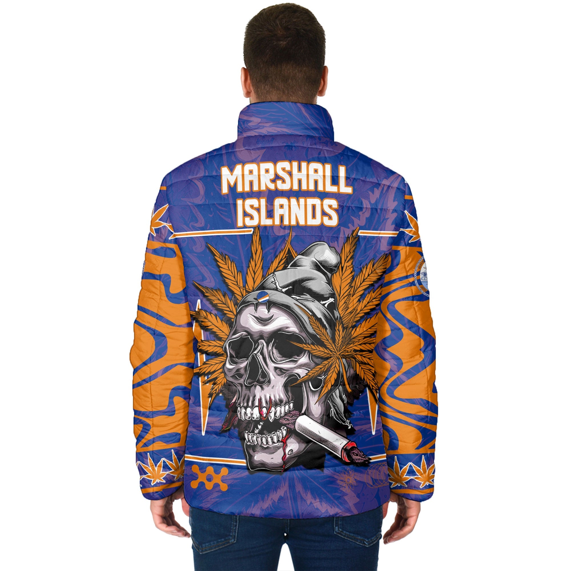 Marshall Islands Men Padded Jacket Flag & Coat Of Arms Marijuanas Style