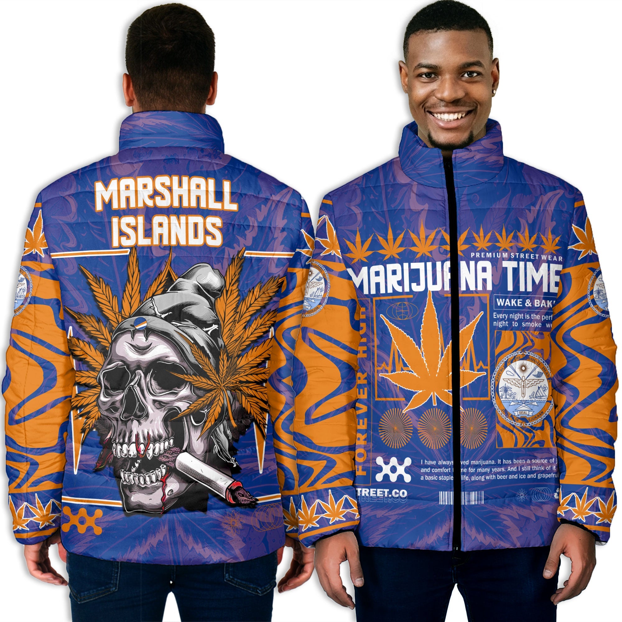 Marshall Islands Men Padded Jacket Flag & Coat Of Arms Marijuanas Style