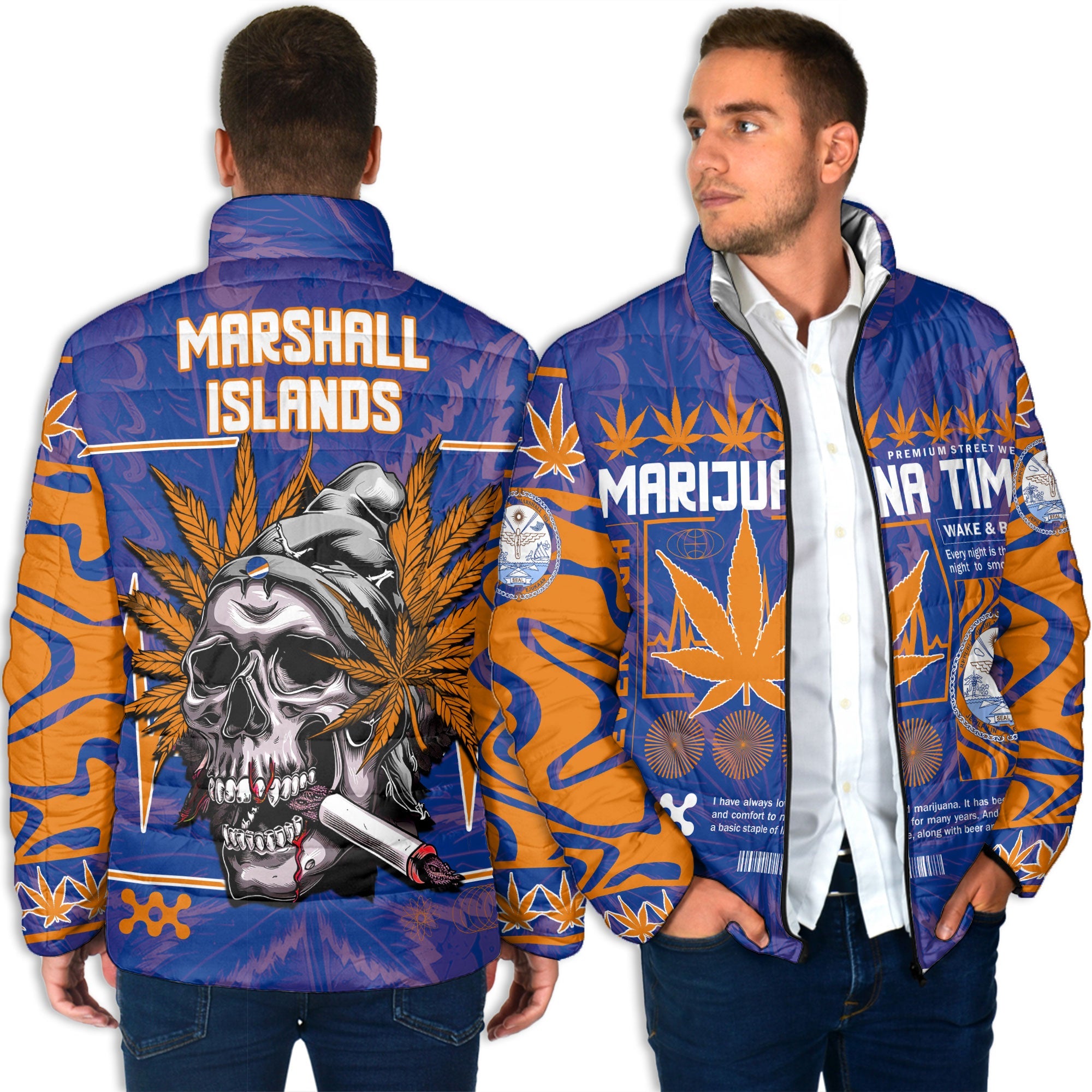 Marshall Islands Men Padded Jacket Flag & Coat Of Arms Marijuanas Style