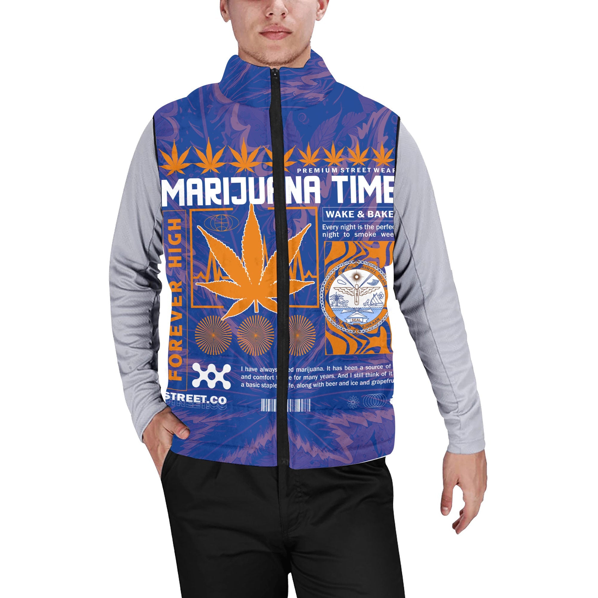 Marshall Islands Men Padded Jacket Vest Flag & Coat Of Arms Marijuanas Style