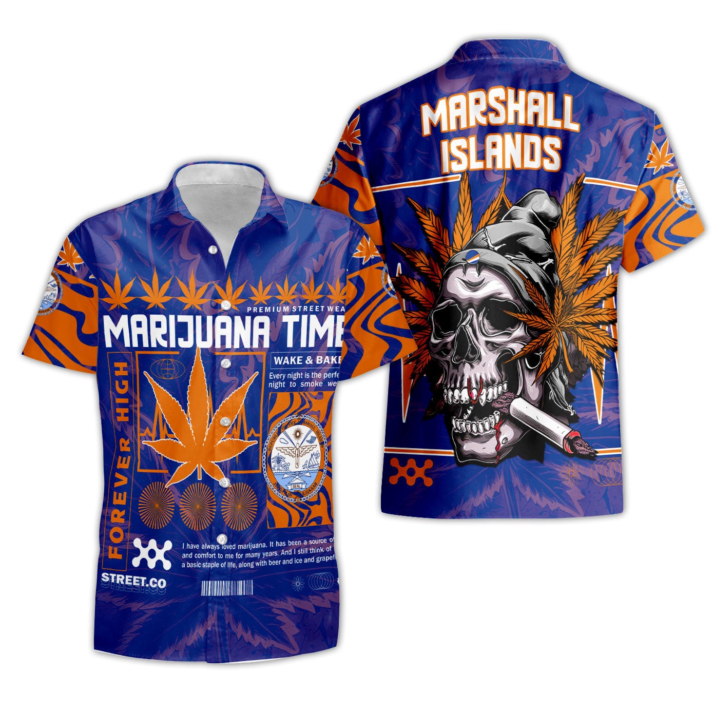 Marshall Islands Short Sleeve Shirt Flag & Coat Of Arms Marijuanas Style