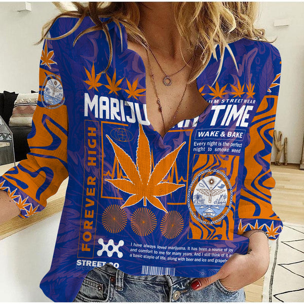 Marshall Islands Women Casual Shirt Flag & Coat Of Arms Marijuanas Style