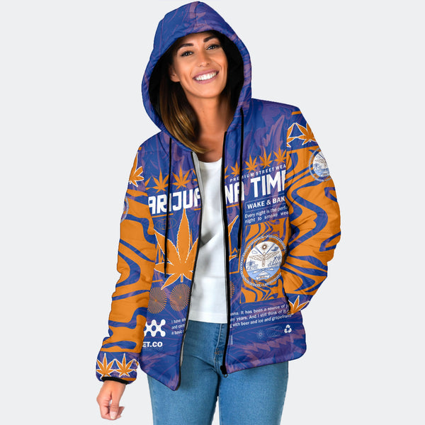 Marshall Islands Women Hooded Padded Jacket Flag & Coat Of Arms Marijuanas Style