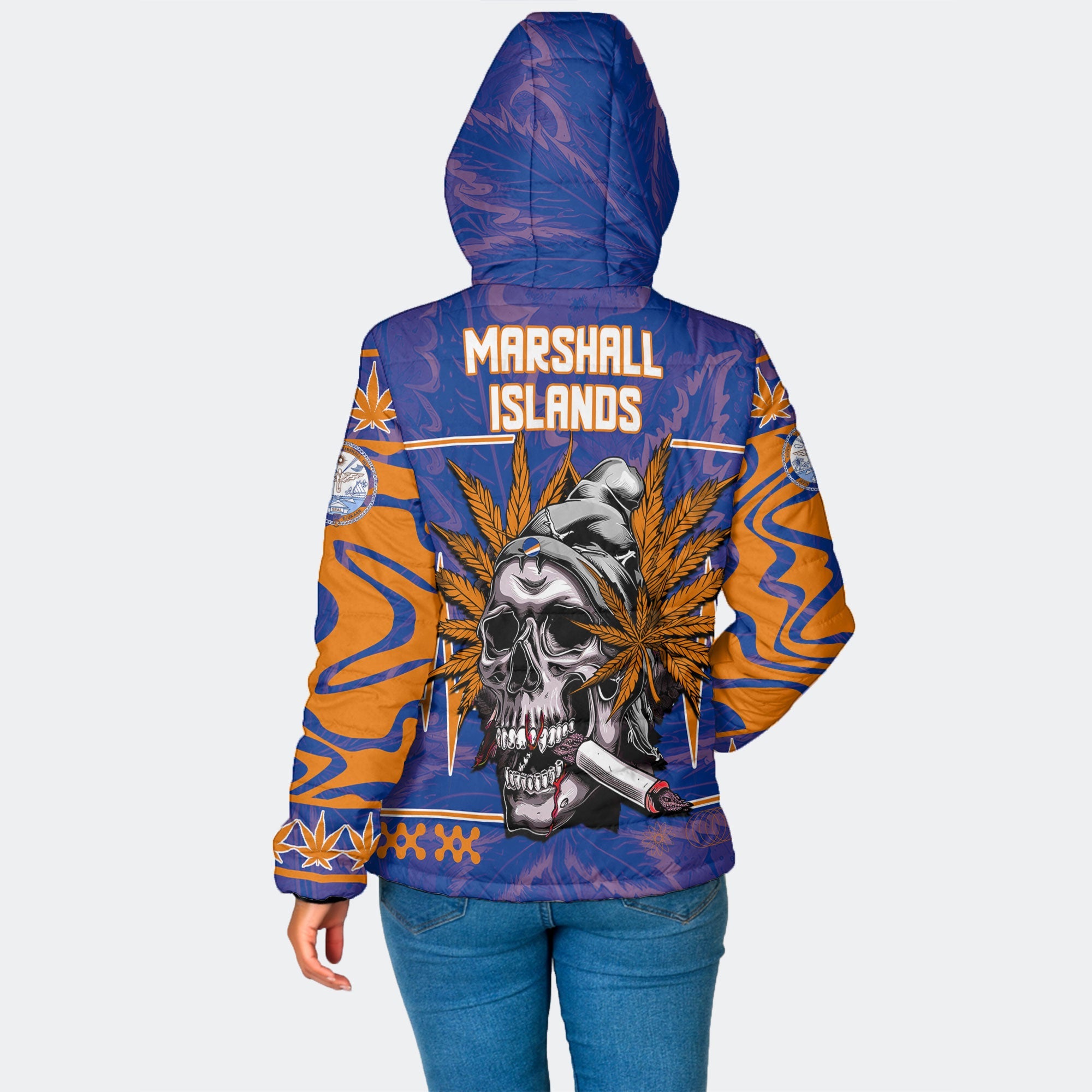 Marshall Islands Women Hooded Padded Jacket Flag & Coat Of Arms Marijuanas Style