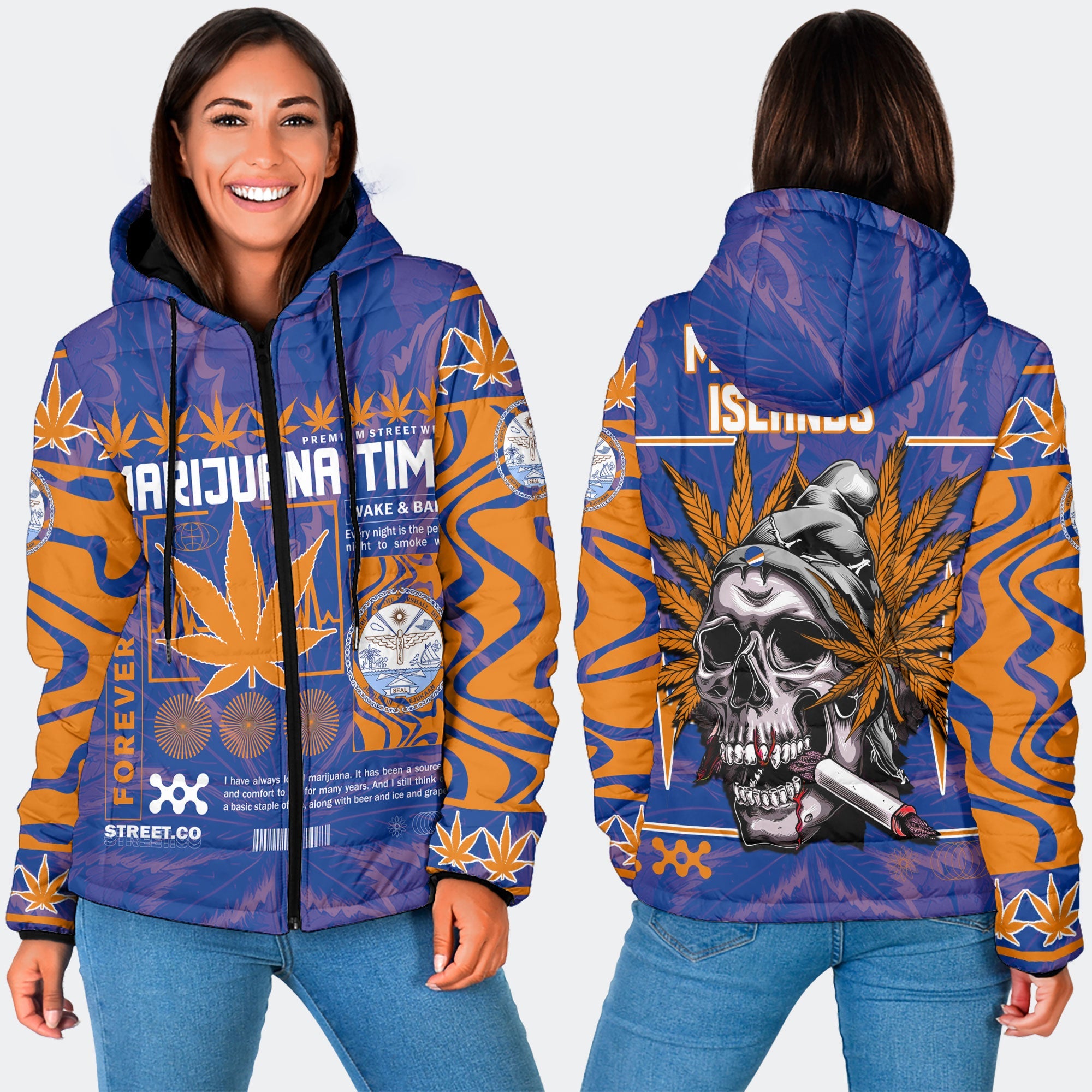 Marshall Islands Women Hooded Padded Jacket Flag & Coat Of Arms Marijuanas Style