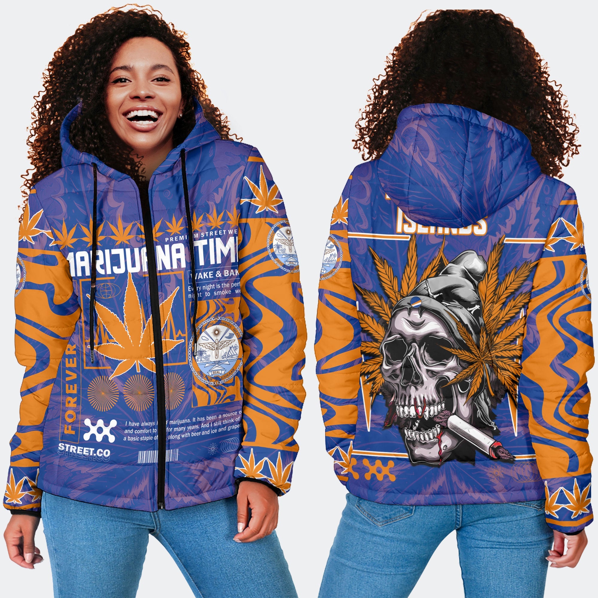 Marshall Islands Women Hooded Padded Jacket Flag & Coat Of Arms Marijuanas Style