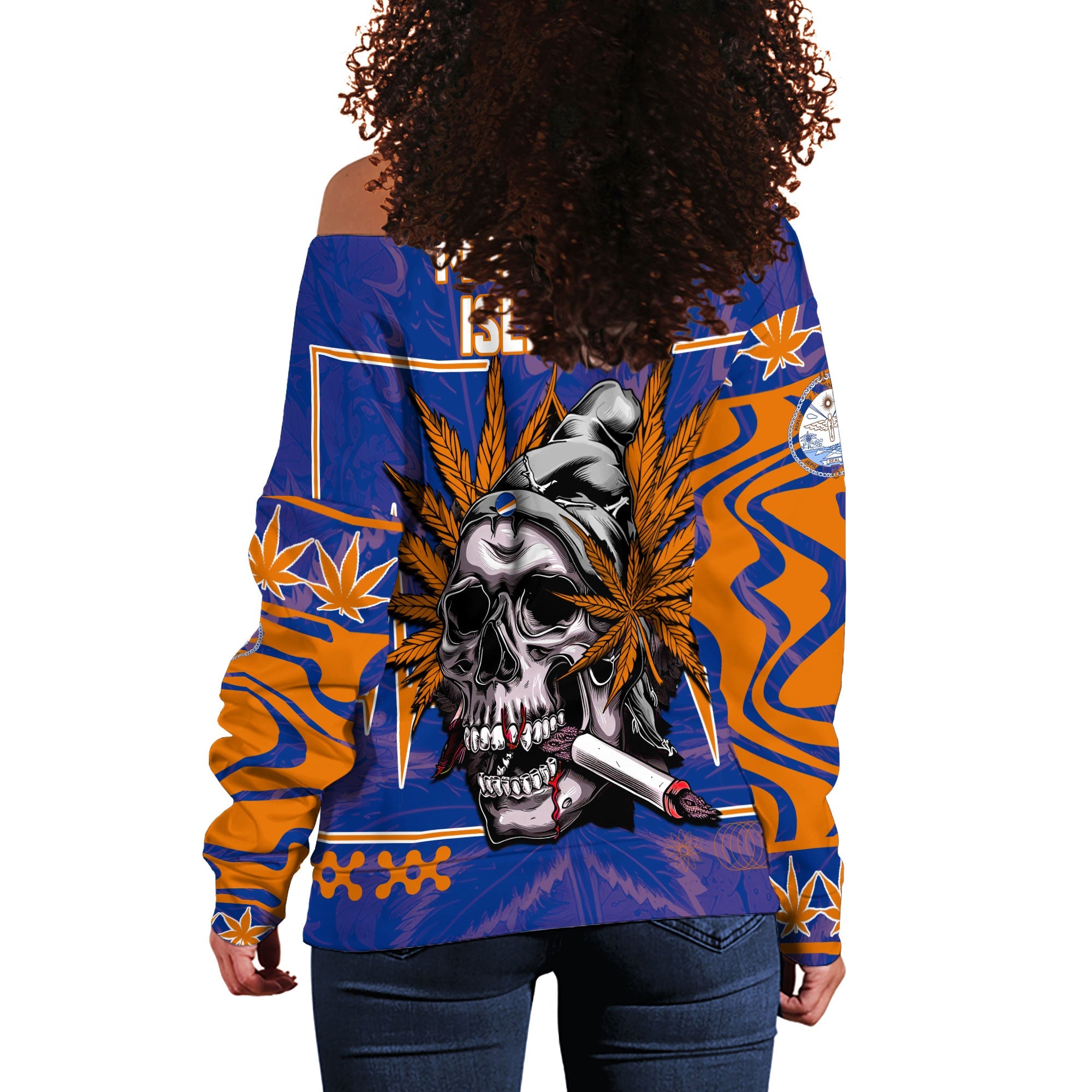 Marshall Islands Women Off Shoulder Sweatshirt Flag & Coat Of Arms Marijuanas Style