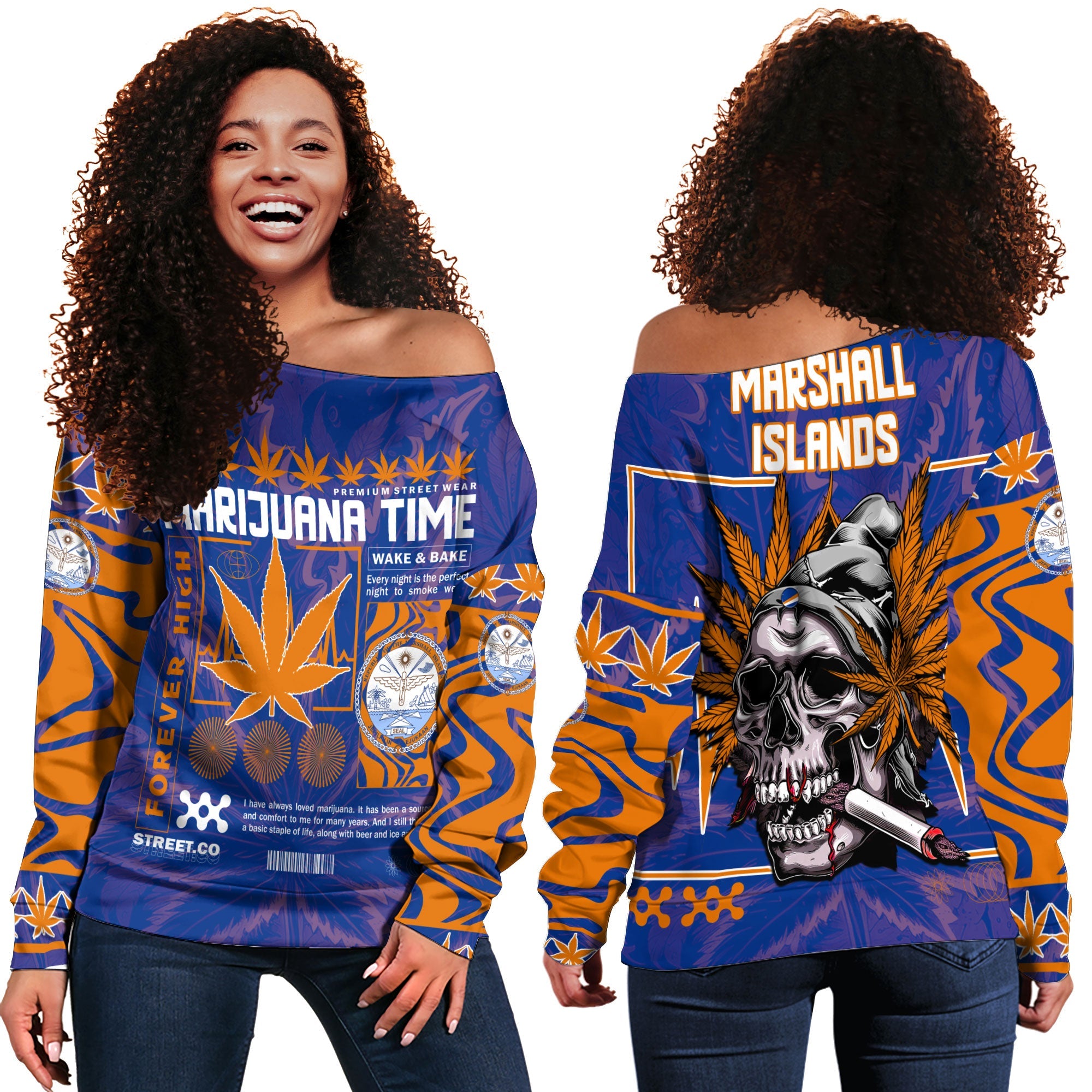 Marshall Islands Women Off Shoulder Sweatshirt Flag & Coat Of Arms Marijuanas Style