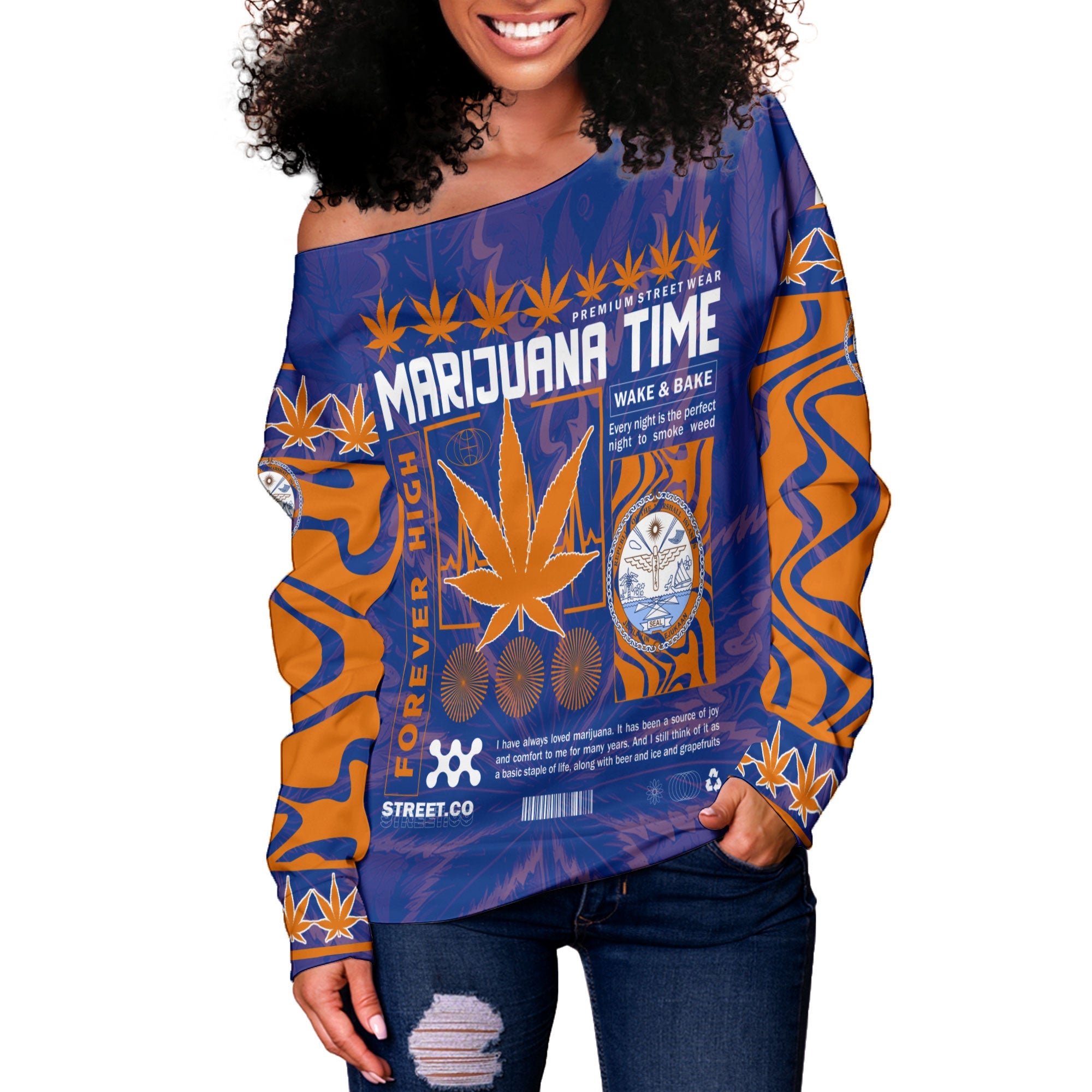 Marshall Islands Women Off Shoulder Sweatshirt Flag & Coat Of Arms Marijuanas Style