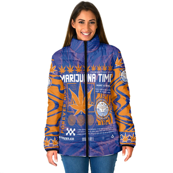 Marshall Islands Women Padded Jacket Flag & Coat Of Arms Marijuanas Style