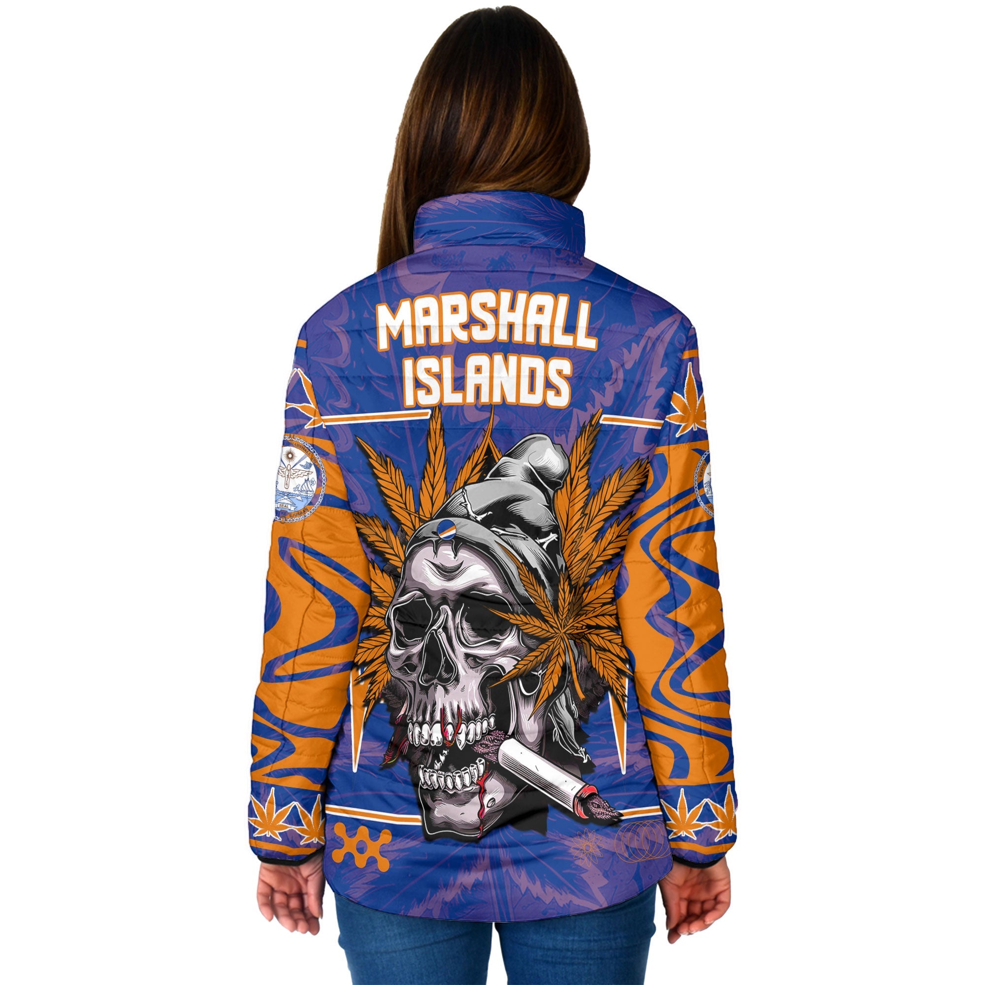 Marshall Islands Women Padded Jacket Flag & Coat Of Arms Marijuanas Style