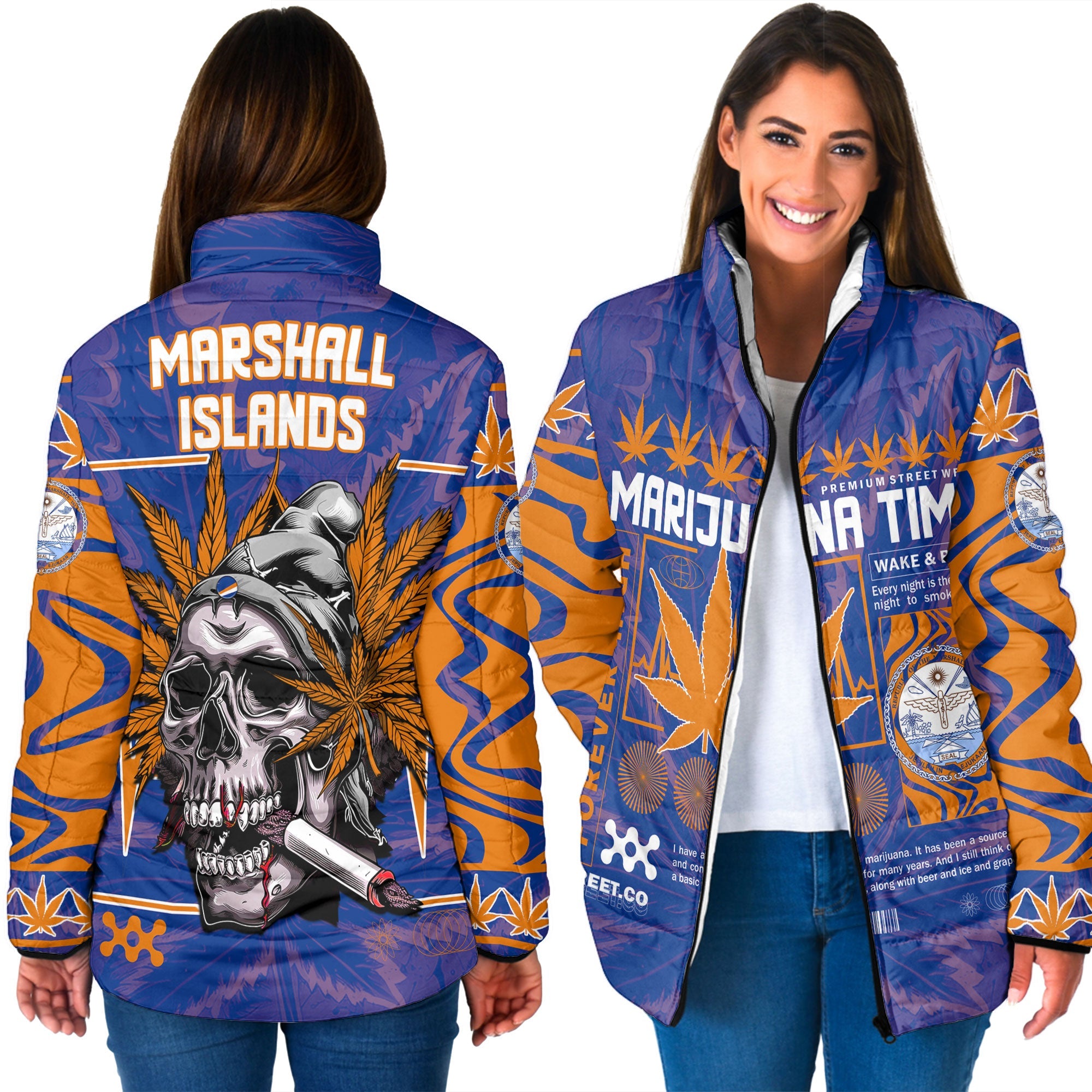 Marshall Islands Women Padded Jacket Flag & Coat Of Arms Marijuanas Style