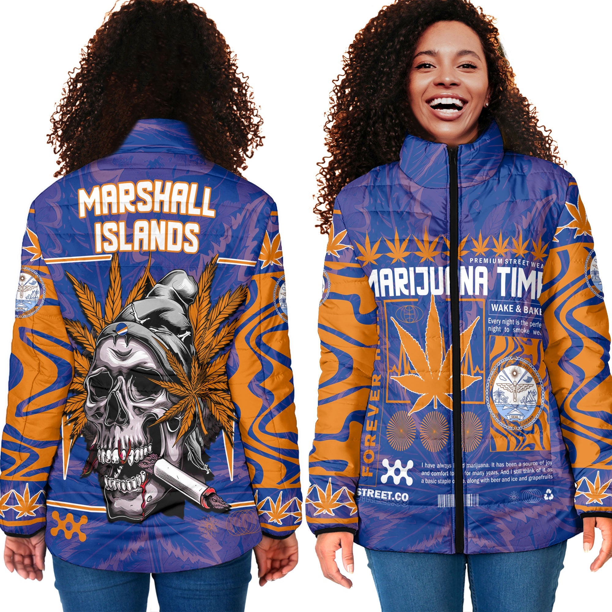 Marshall Islands Women Padded Jacket Flag & Coat Of Arms Marijuanas Style