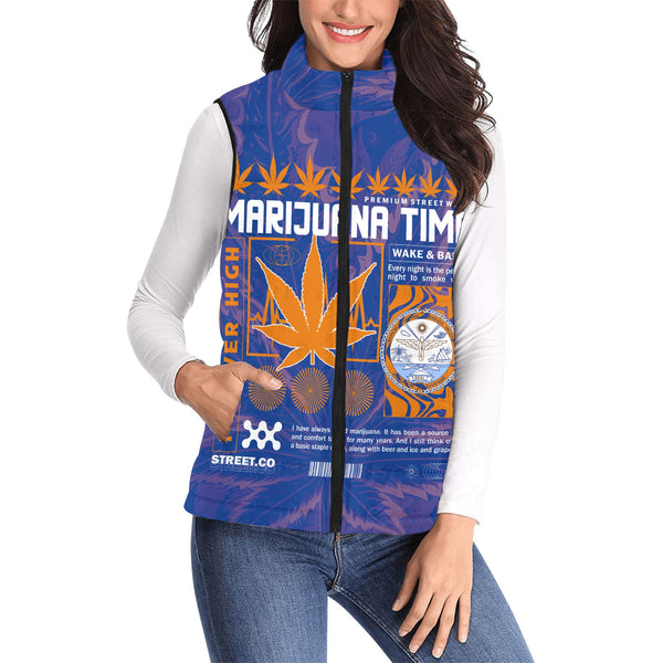 Marshall Islands Women Padded Jacket Vest Flag & Coat Of Arms Marijuanas Style