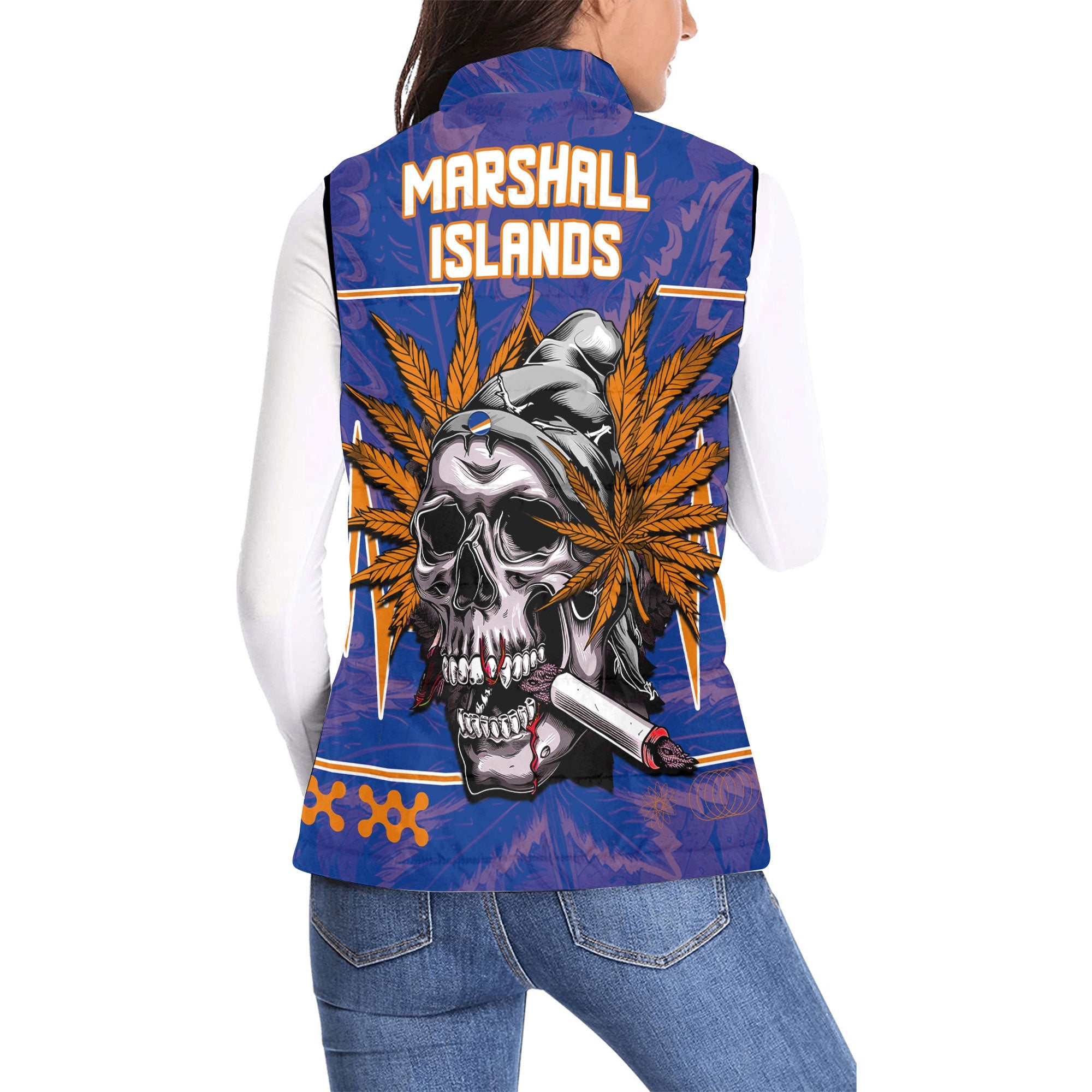 Marshall Islands Women Padded Jacket Vest Flag & Coat Of Arms Marijuanas Style