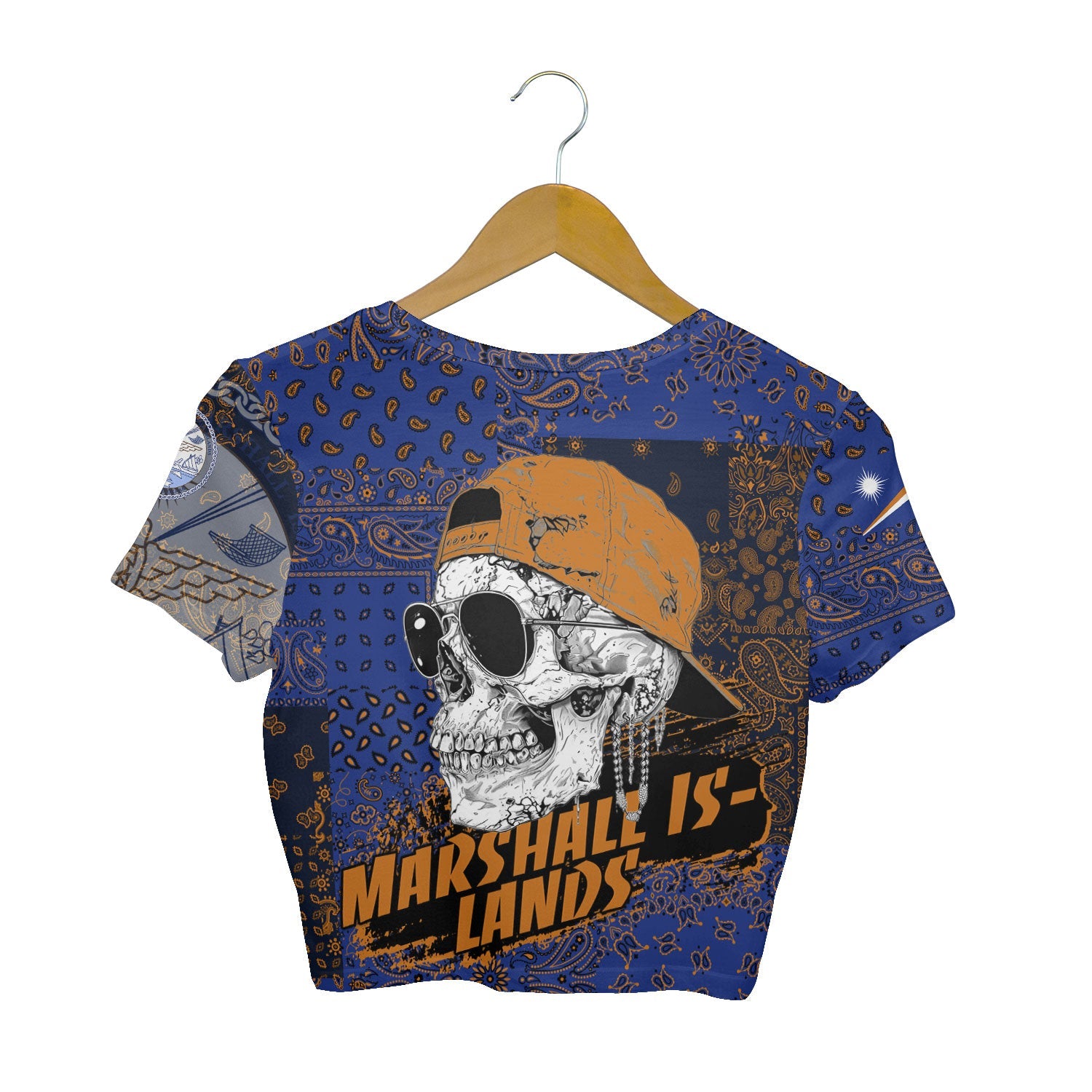 Marshall Islands Croptop T Shirt Paisley Flag And Skull Style 2