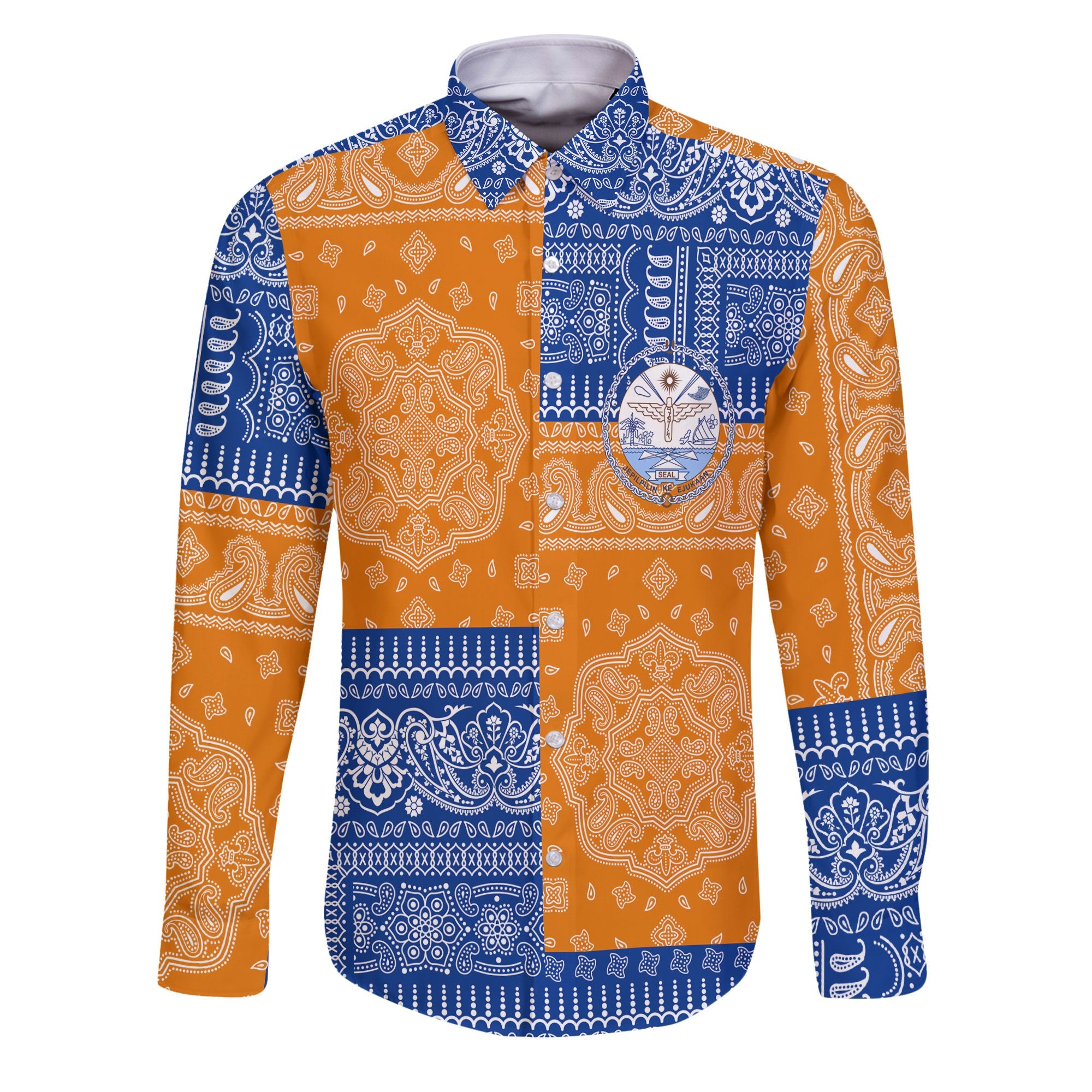 Marshall Islands Long Sleeve Button Shirt Flag And Paisley Basic Style 1