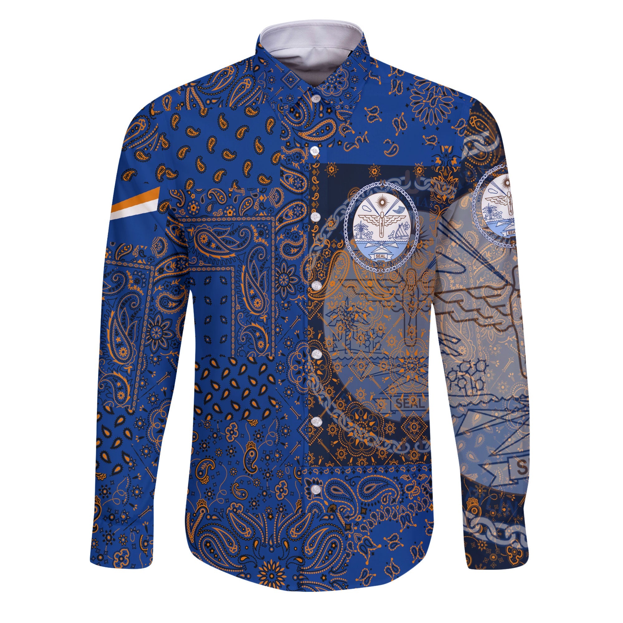 Marshall Islands Long Sleeve Button Shirt Paisley Flag And Skull Style 1