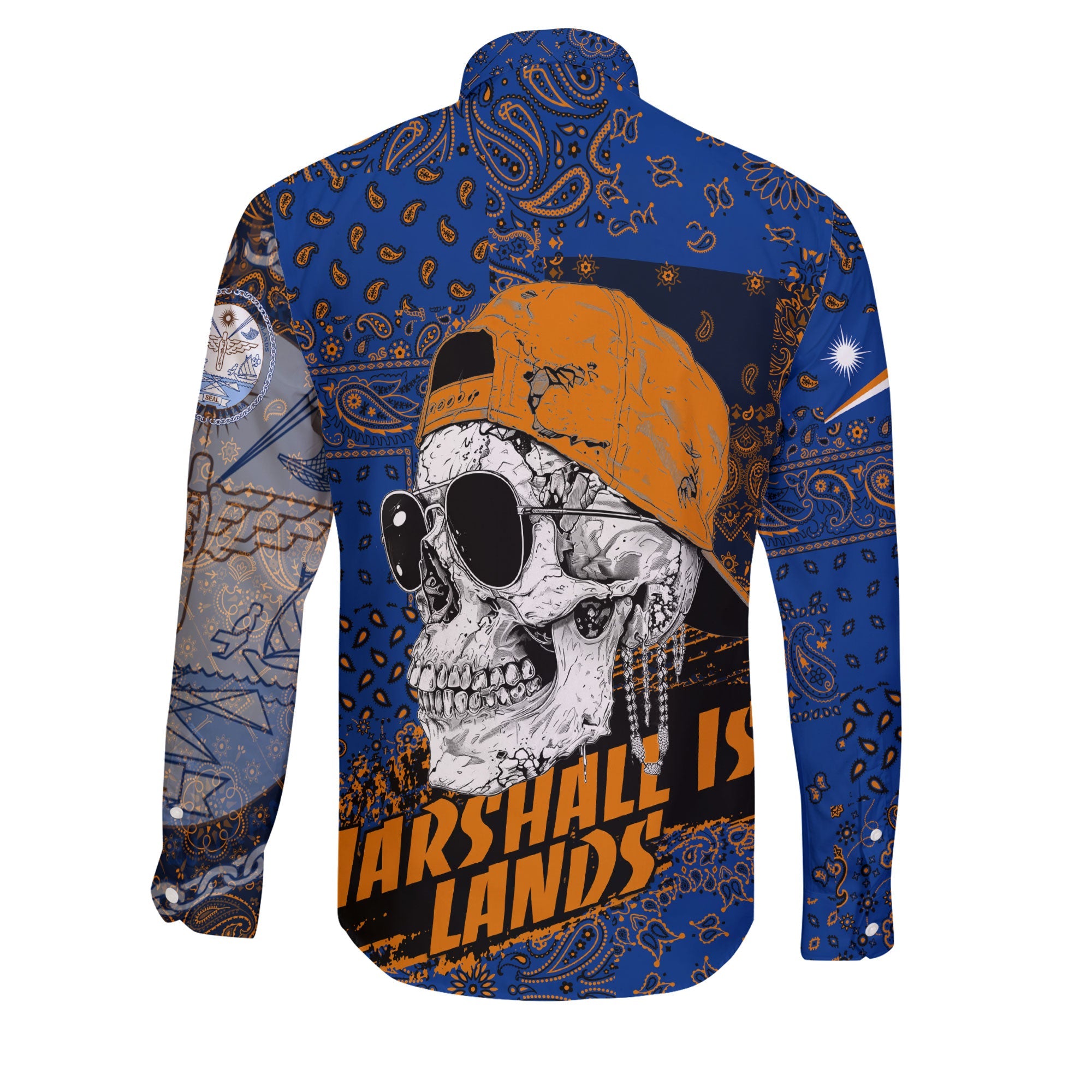 Marshall Islands Long Sleeve Button Shirt Paisley Flag And Skull Style 2