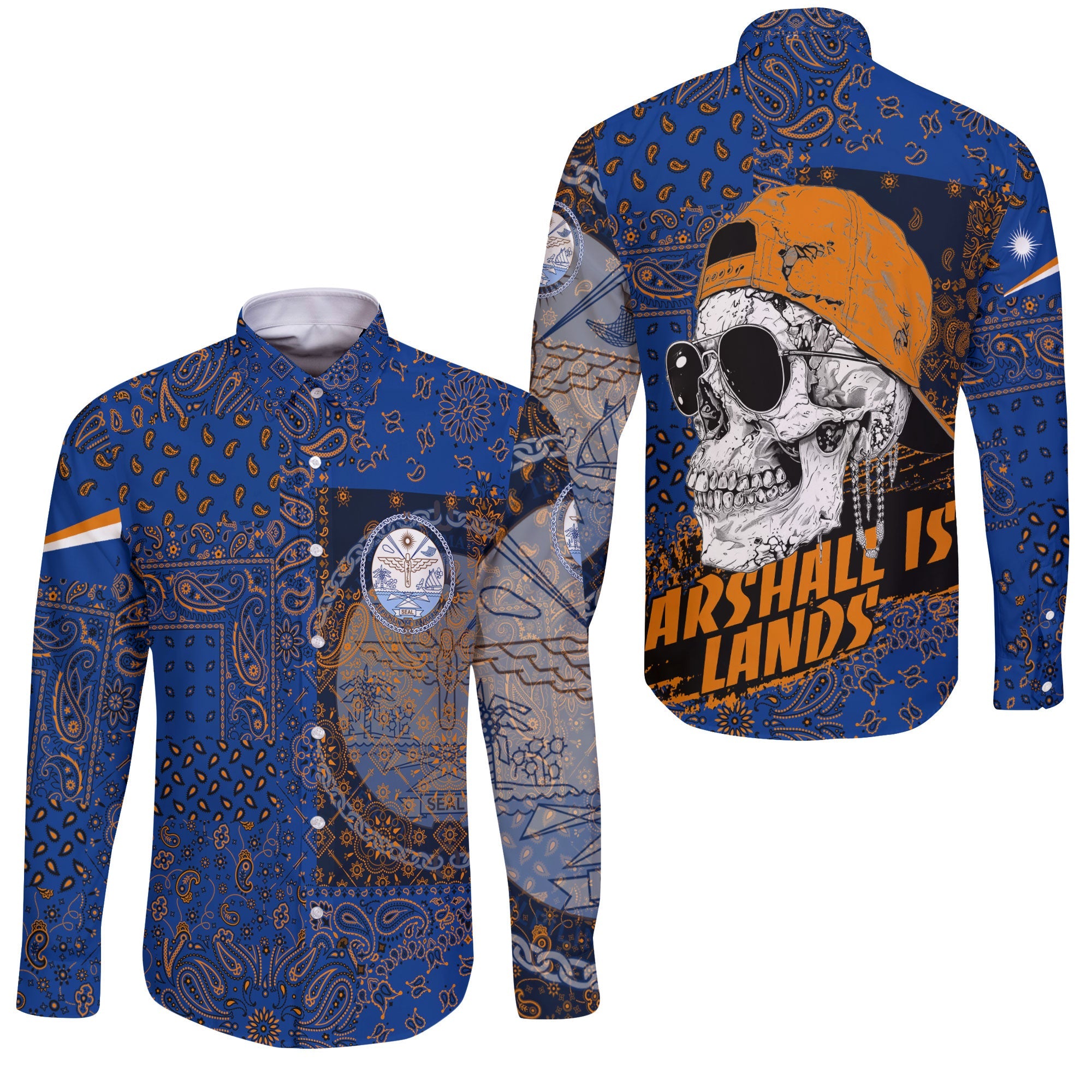 Marshall Islands Long Sleeve Button Shirt Paisley Flag And Skull Style 3