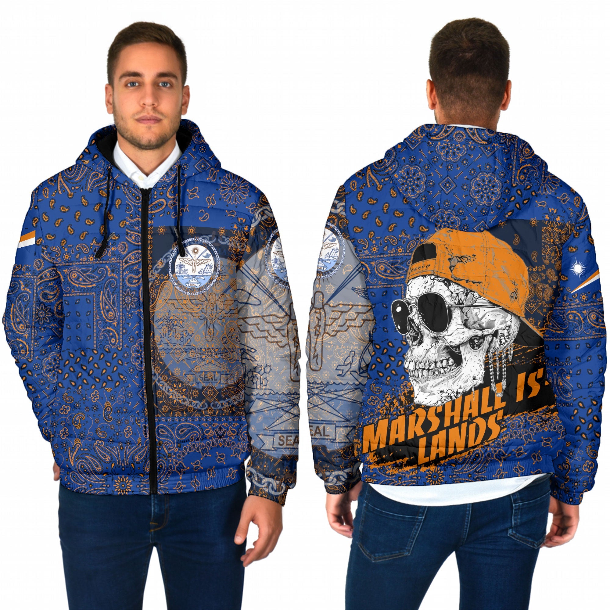 Marshall Islands Men Hooded Padded Jacket Paisley Flag And Skull Style 1