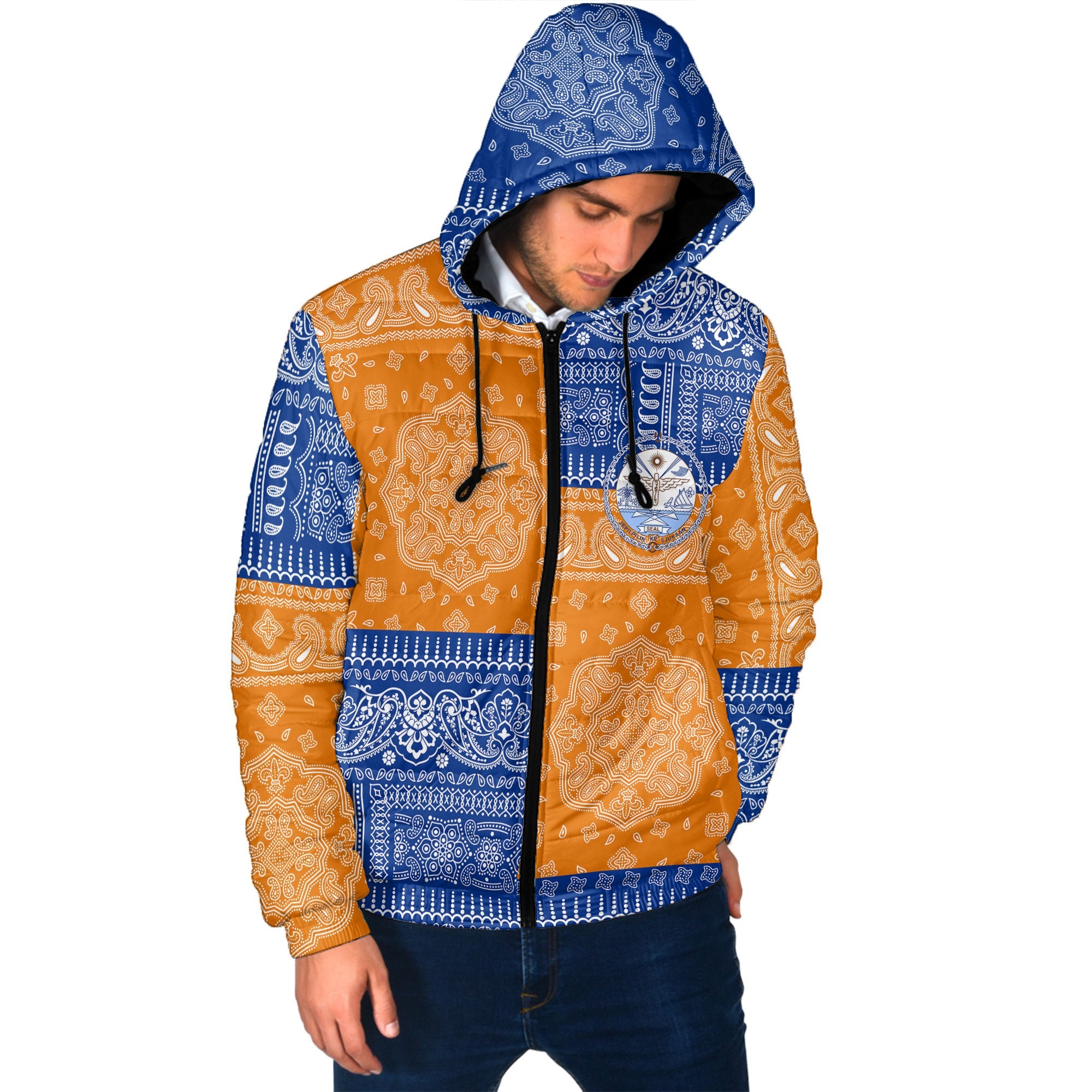 Marshall Islands Men Hooded Padded Jacket Flag And Paisley Basic Style 2