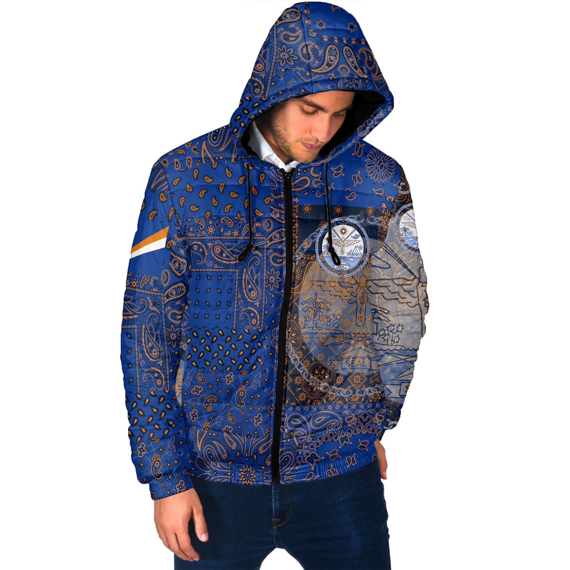 Marshall Islands Men Hooded Padded Jacket Paisley Flag And Skull Style 2