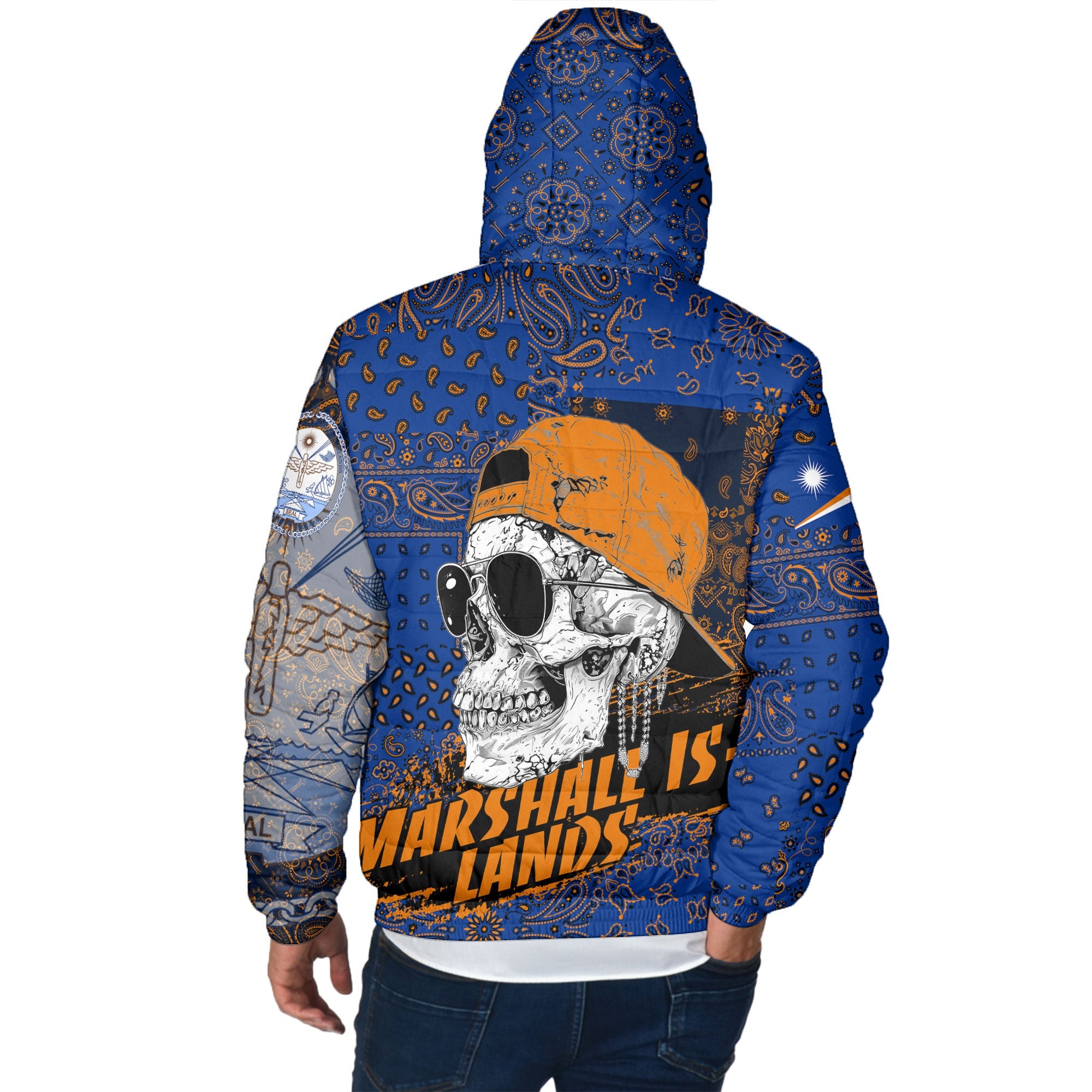 Marshall Islands Men Hooded Padded Jacket Paisley Flag And Skull Style 3