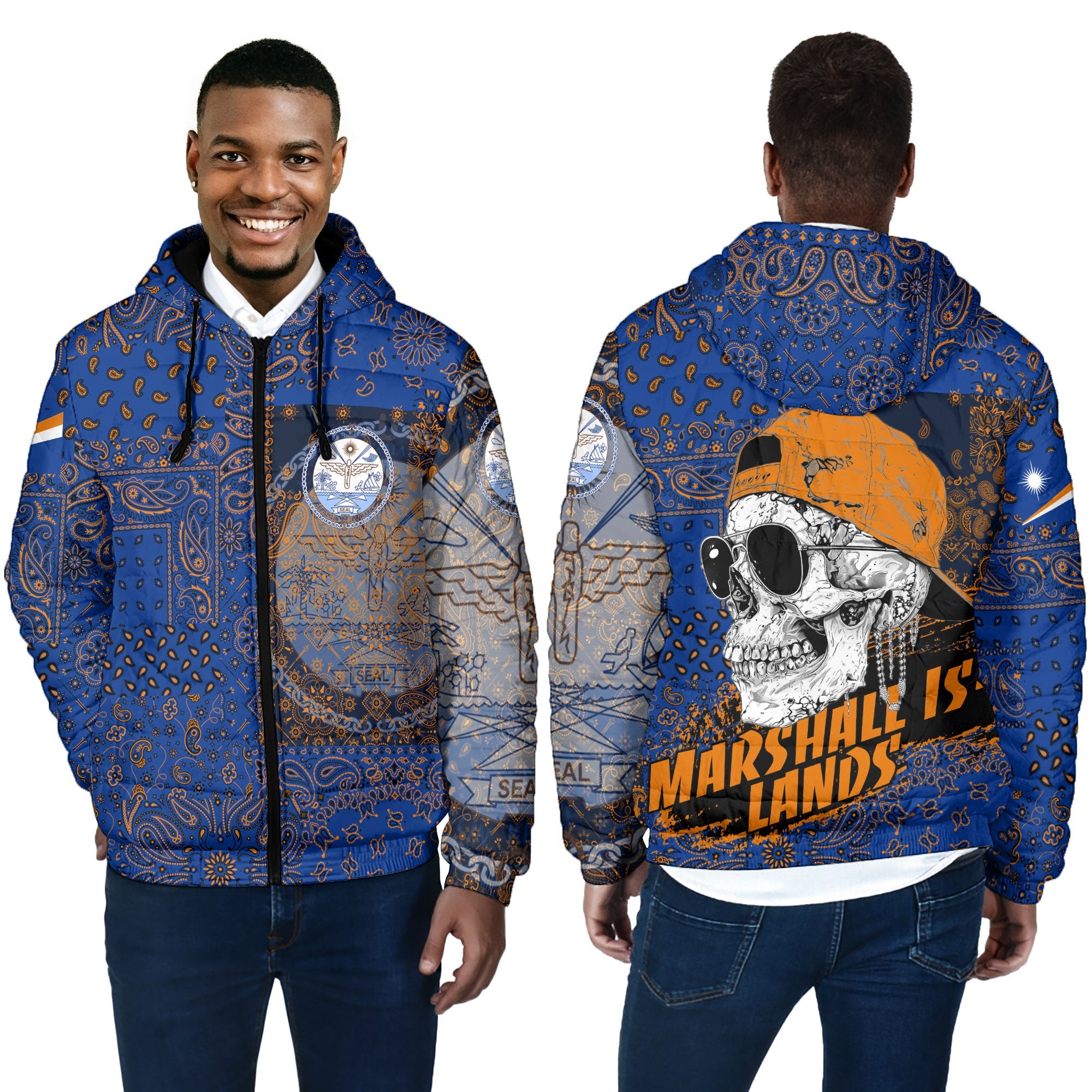 Marshall Islands Men Hooded Padded Jacket Paisley Flag And Skull Style 4