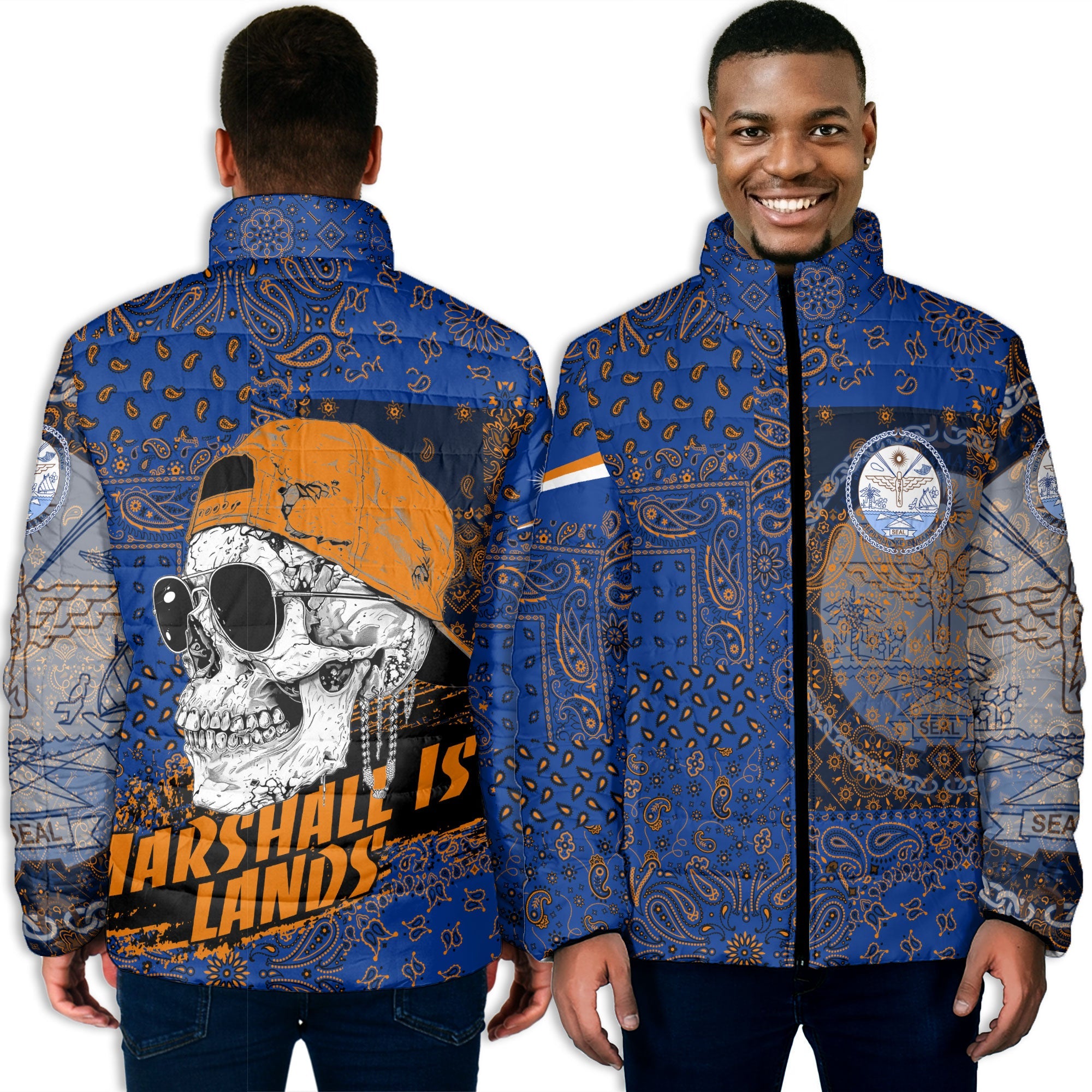 Marshall Islands Men Padded Jacket Paisley Flag And Skull Style 3