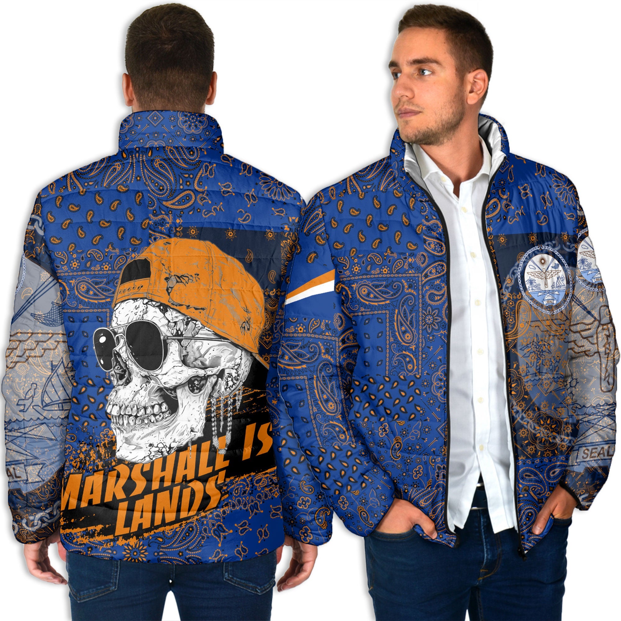 Marshall Islands Men Padded Jacket Paisley Flag And Skull Style 4