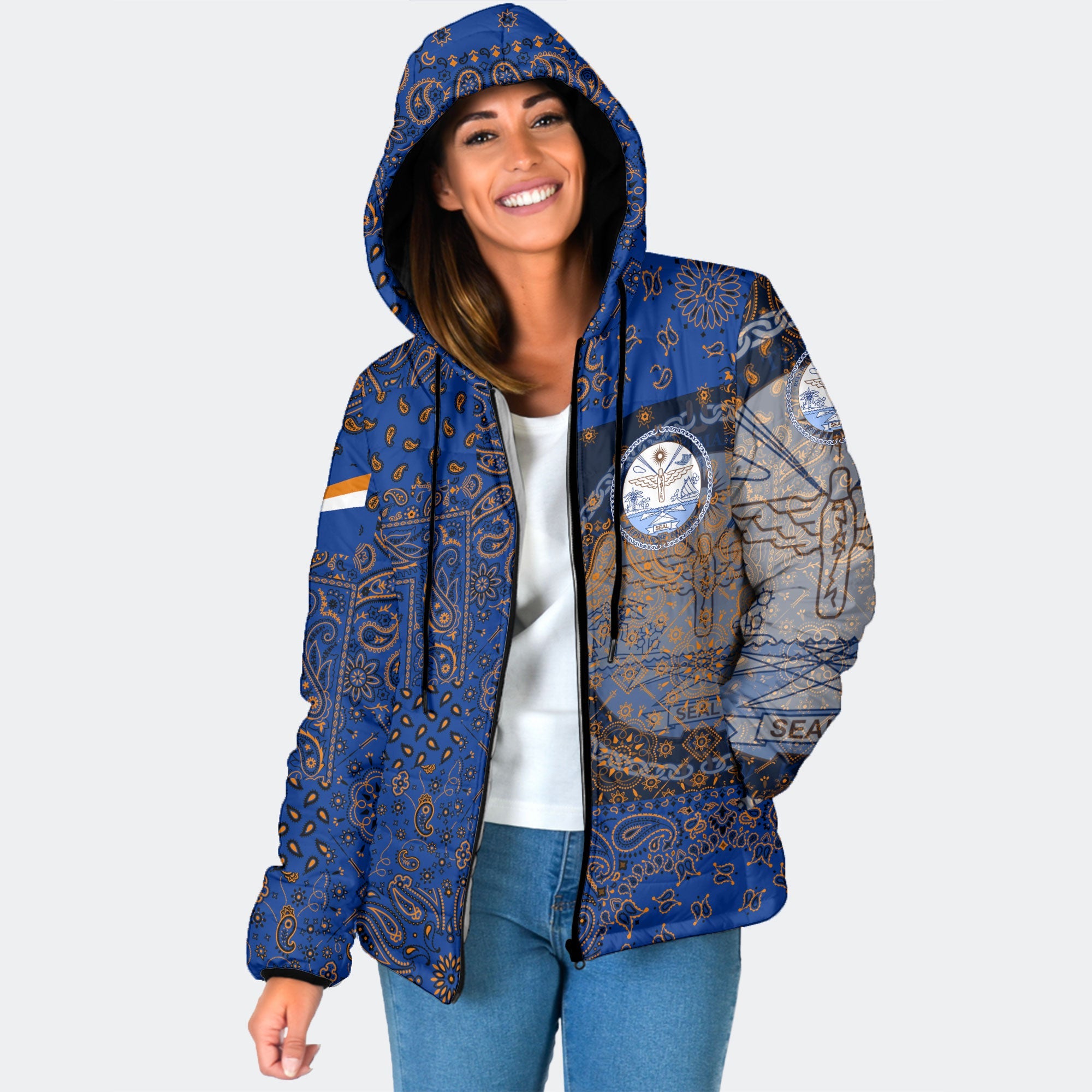 Marshall Islands Women Hooded Padded Jacket Paisley Flag And Skull Style 1