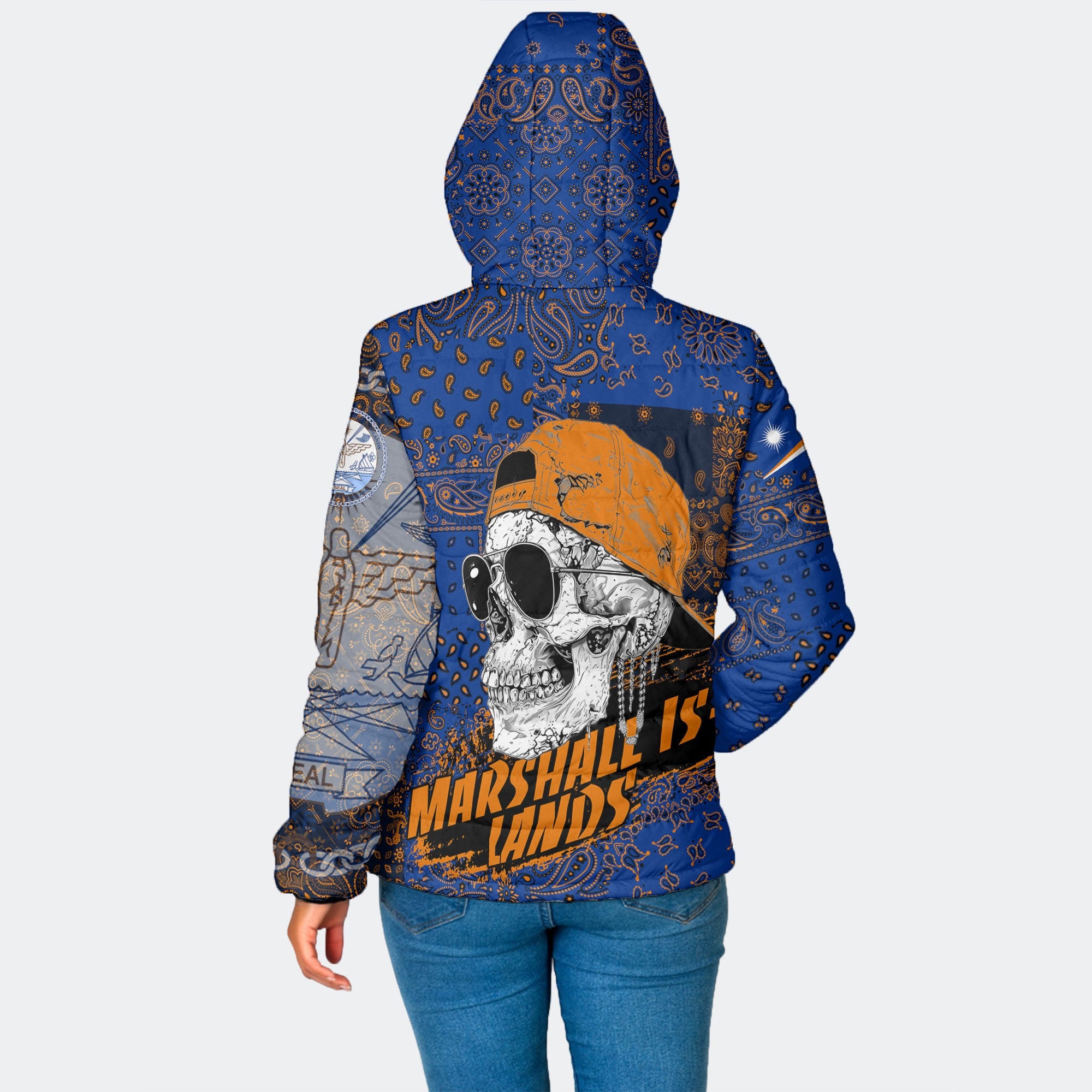 Marshall Islands Women Hooded Padded Jacket Paisley Flag And Skull Style 2