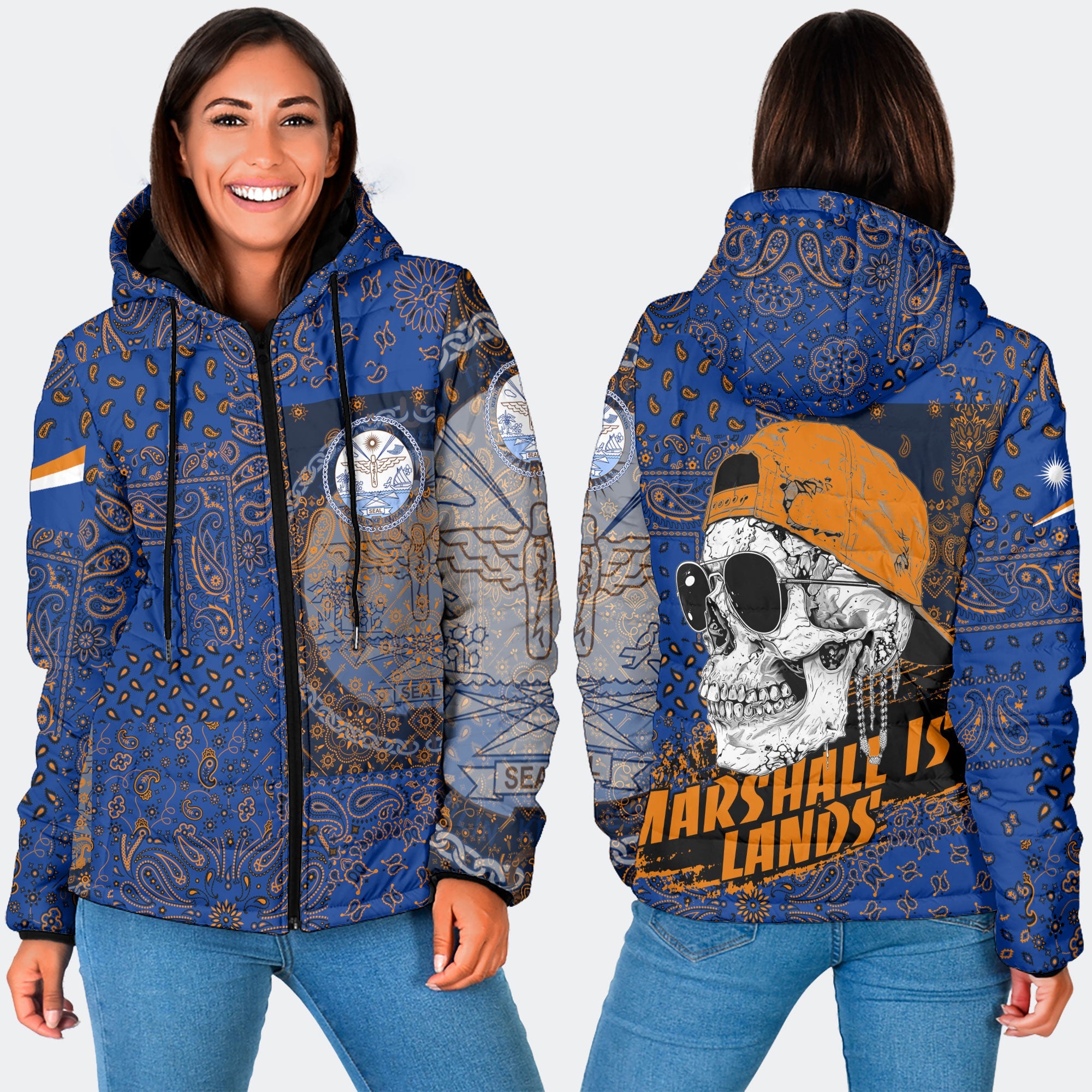 Marshall Islands Women Hooded Padded Jacket Paisley Flag And Skull Style 3