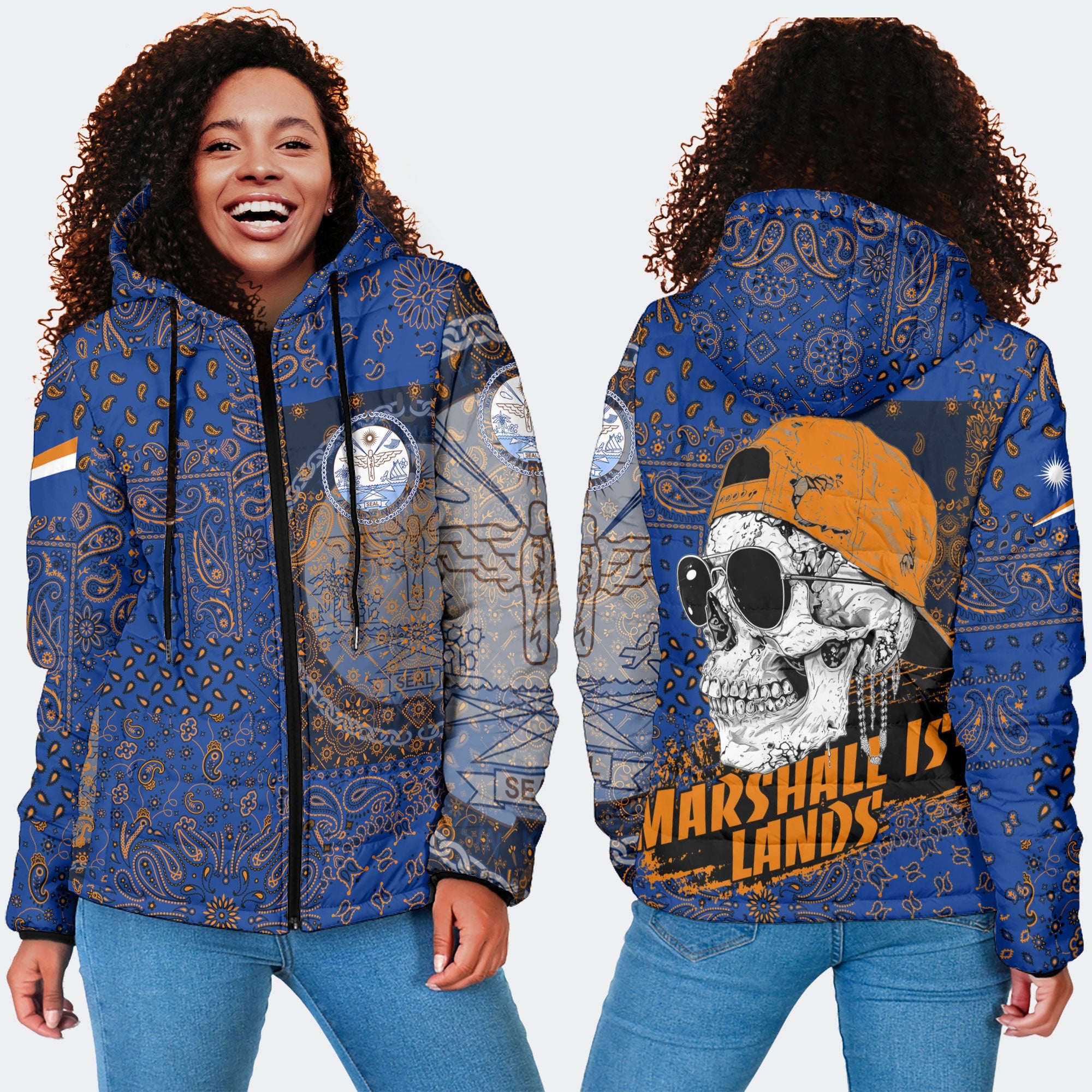 Marshall Islands Women Hooded Padded Jacket Paisley Flag And Skull Style 4