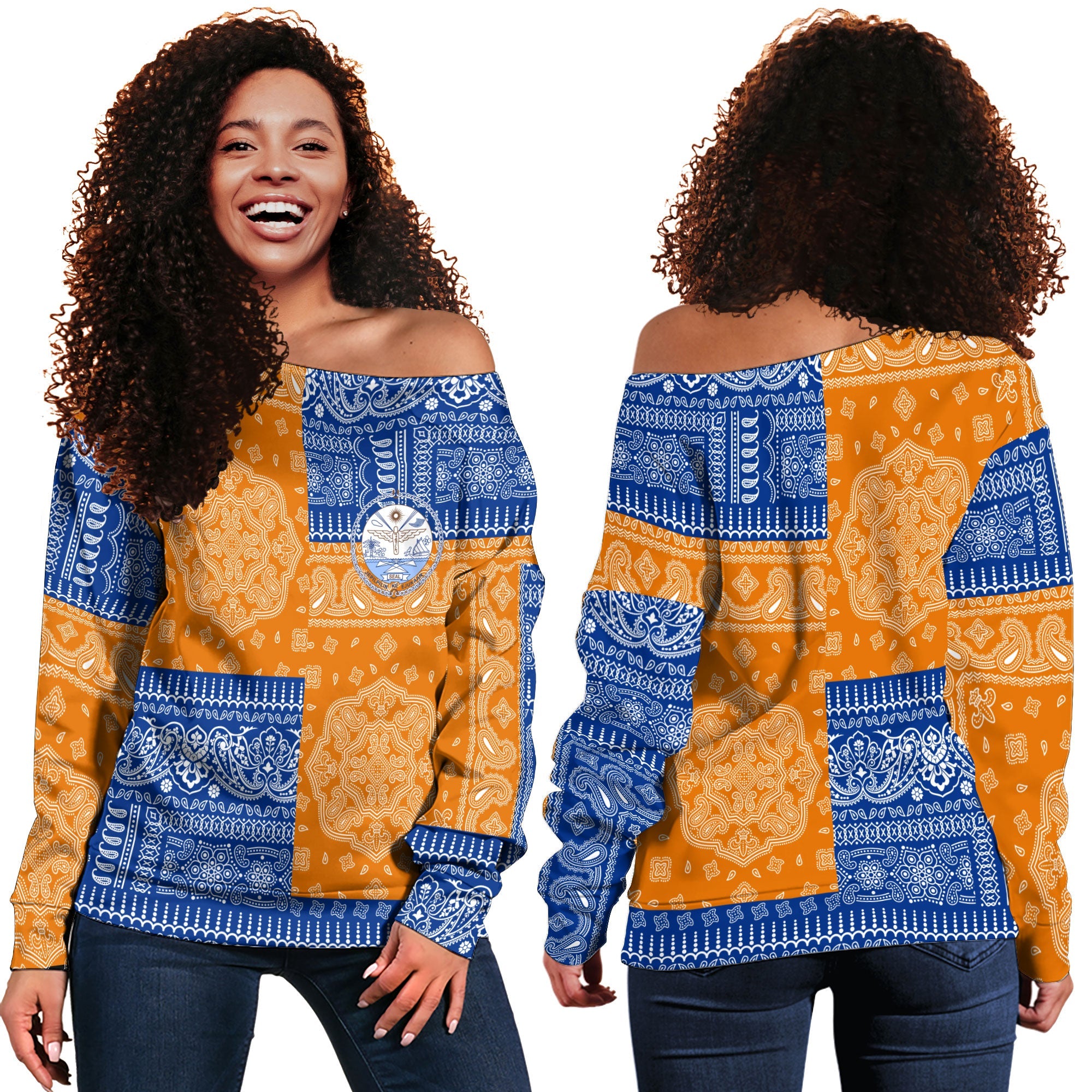 Marshall Islands Women Off Shoulder Sweatshirt Flag And Paisley Basic Style 1