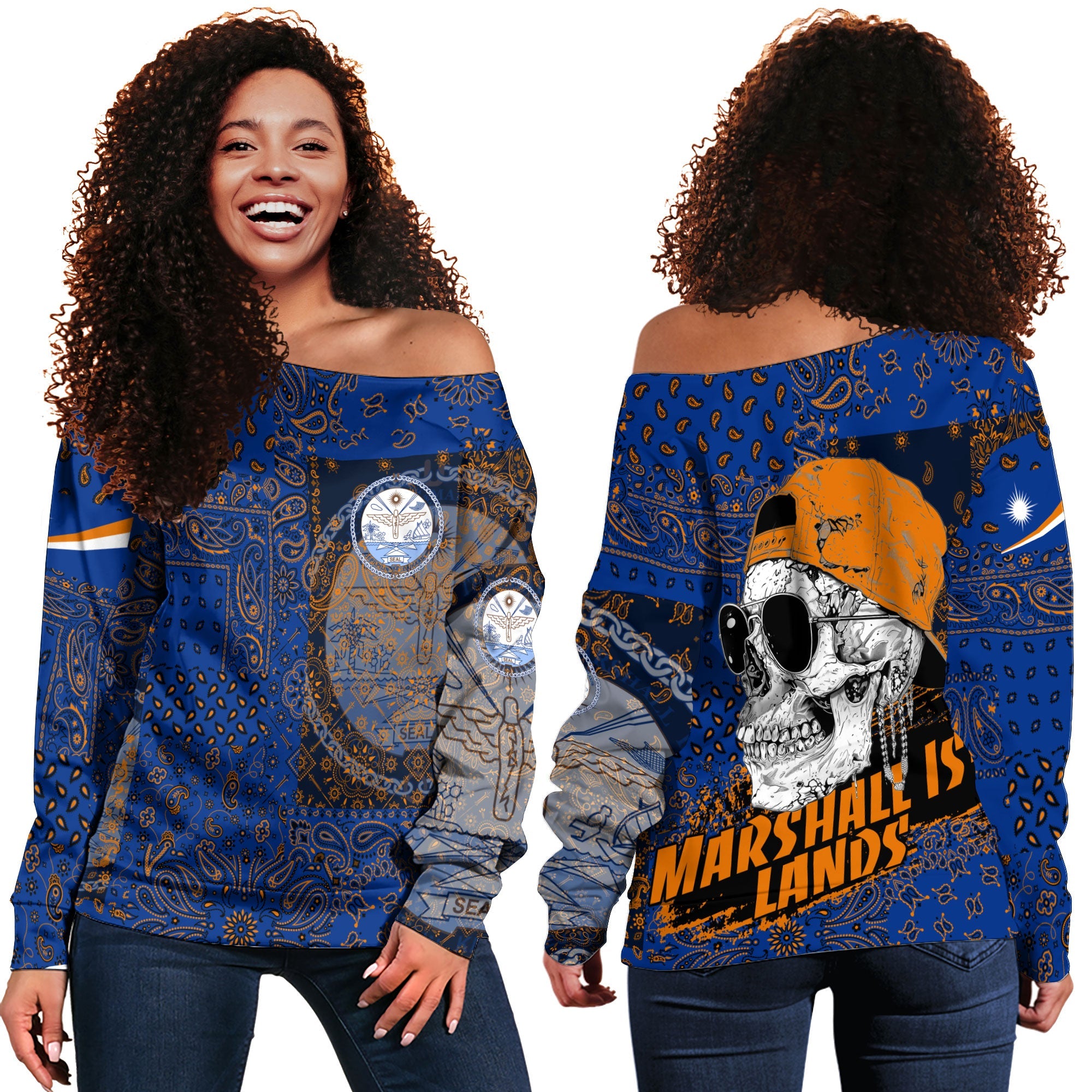 Marshall Islands Women Off Shoulder Sweatshirt Paisley Flag And Skull Style 1