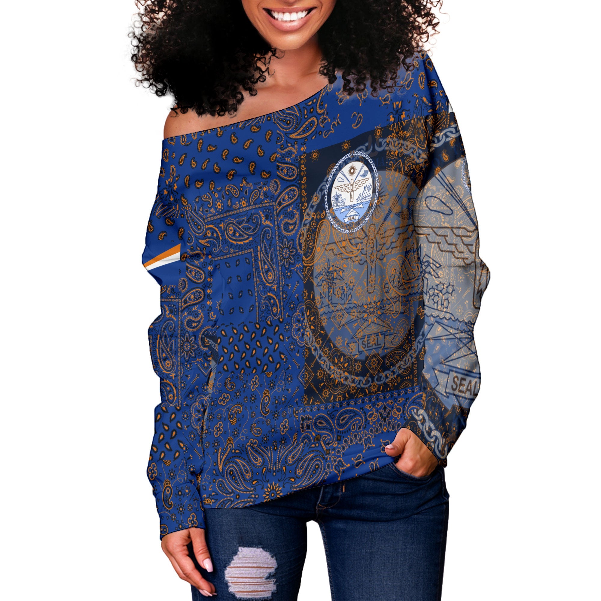 Marshall Islands Women Off Shoulder Sweatshirt Paisley Flag And Skull Style 2