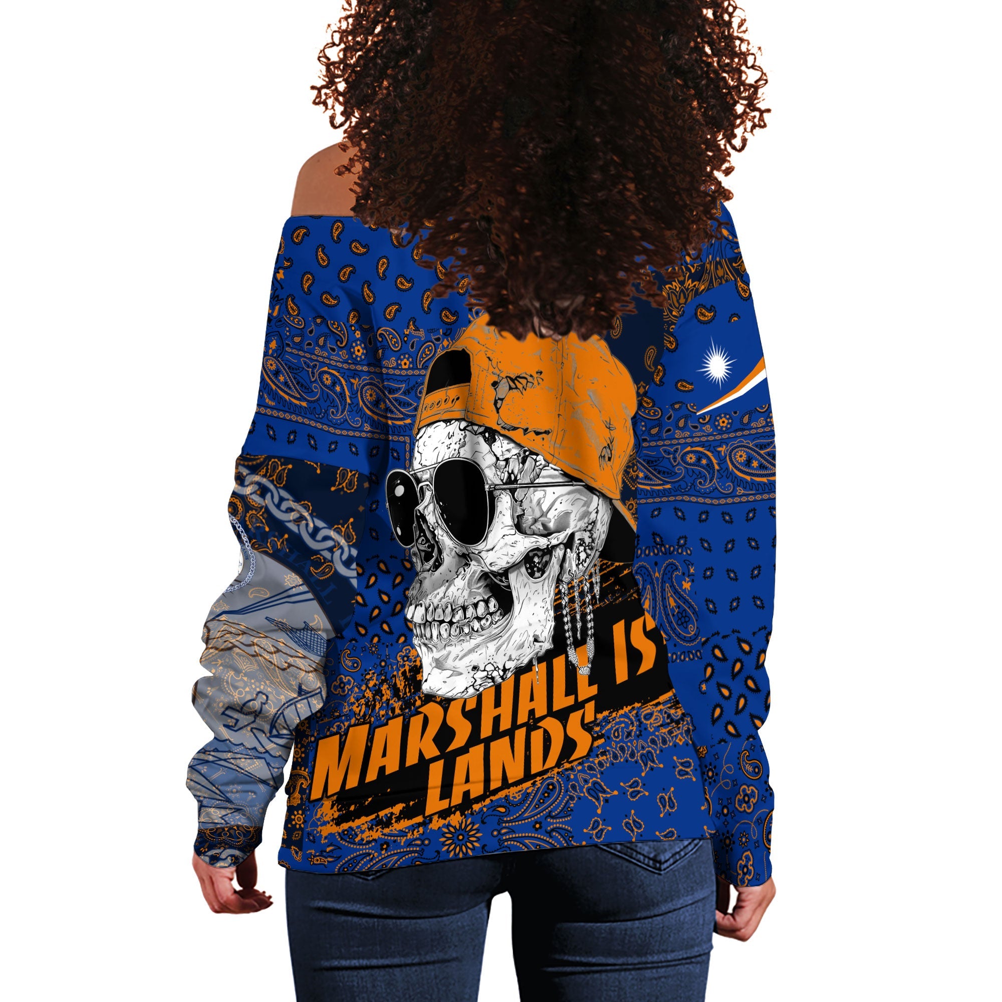 Marshall Islands Women Off Shoulder Sweatshirt Paisley Flag And Skull Style 3