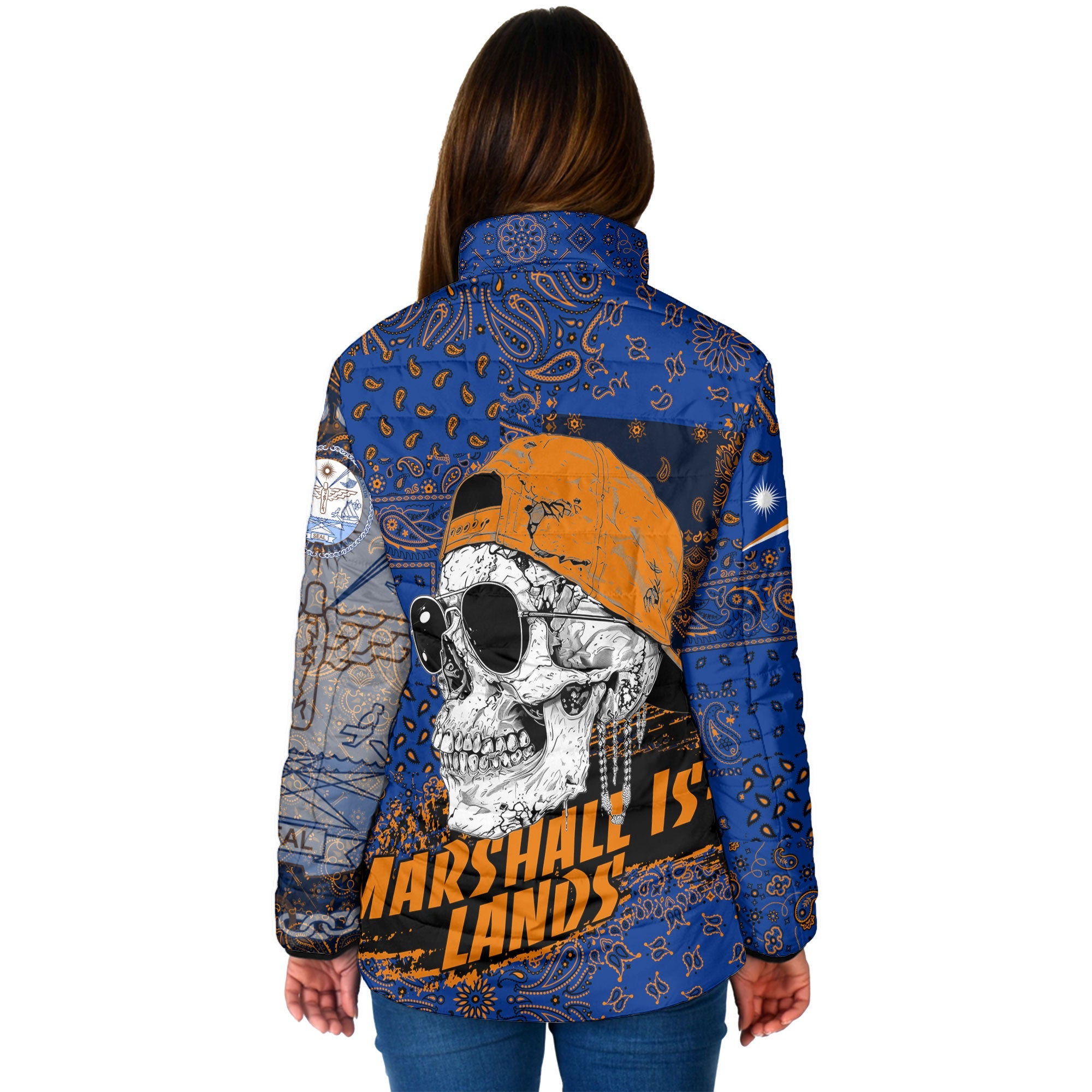 Marshall Islands Women Padded Jacket Paisley Flag And Skull Style 2